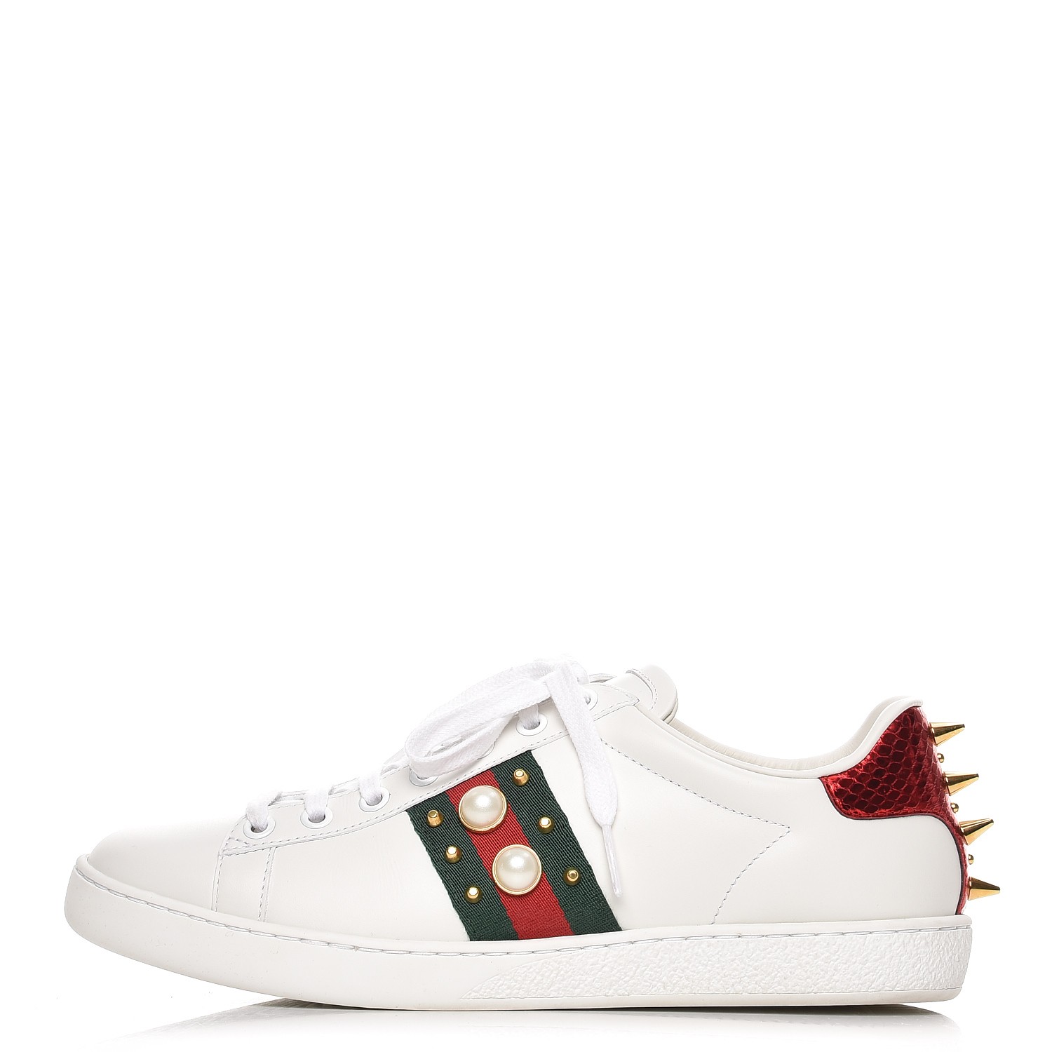 GUCCI Calfskin Web Studded Ace Sneakers 38 White 224786