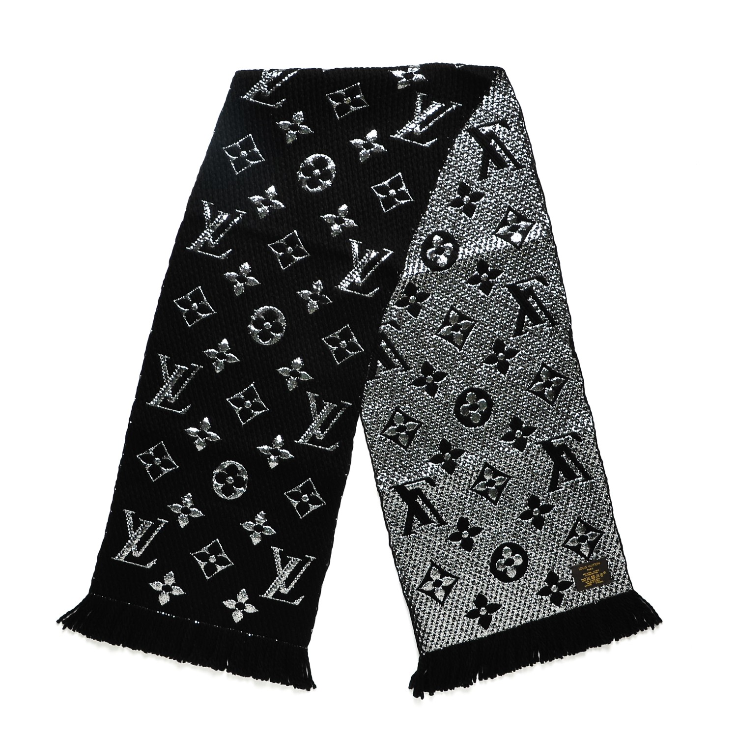 LOUIS VUITTON Wool Silk Polyester Logomania Shine Scarf Black 211443