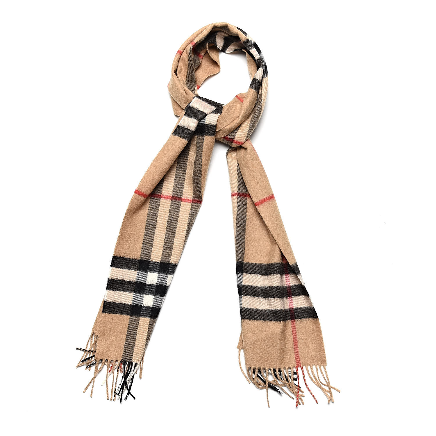 BURBERRY Cashmere Giant Heritage Check Fringe Scarf Camel 522191