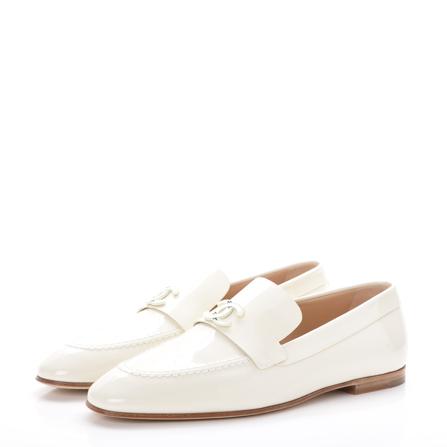 CHANEL Patent Calfskin CC Loafers 38 White 248397