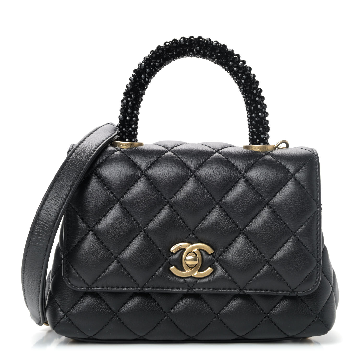 CHANEL Calfskin Crystal Quilted Extra Mini Coco Handle Flap Black ...