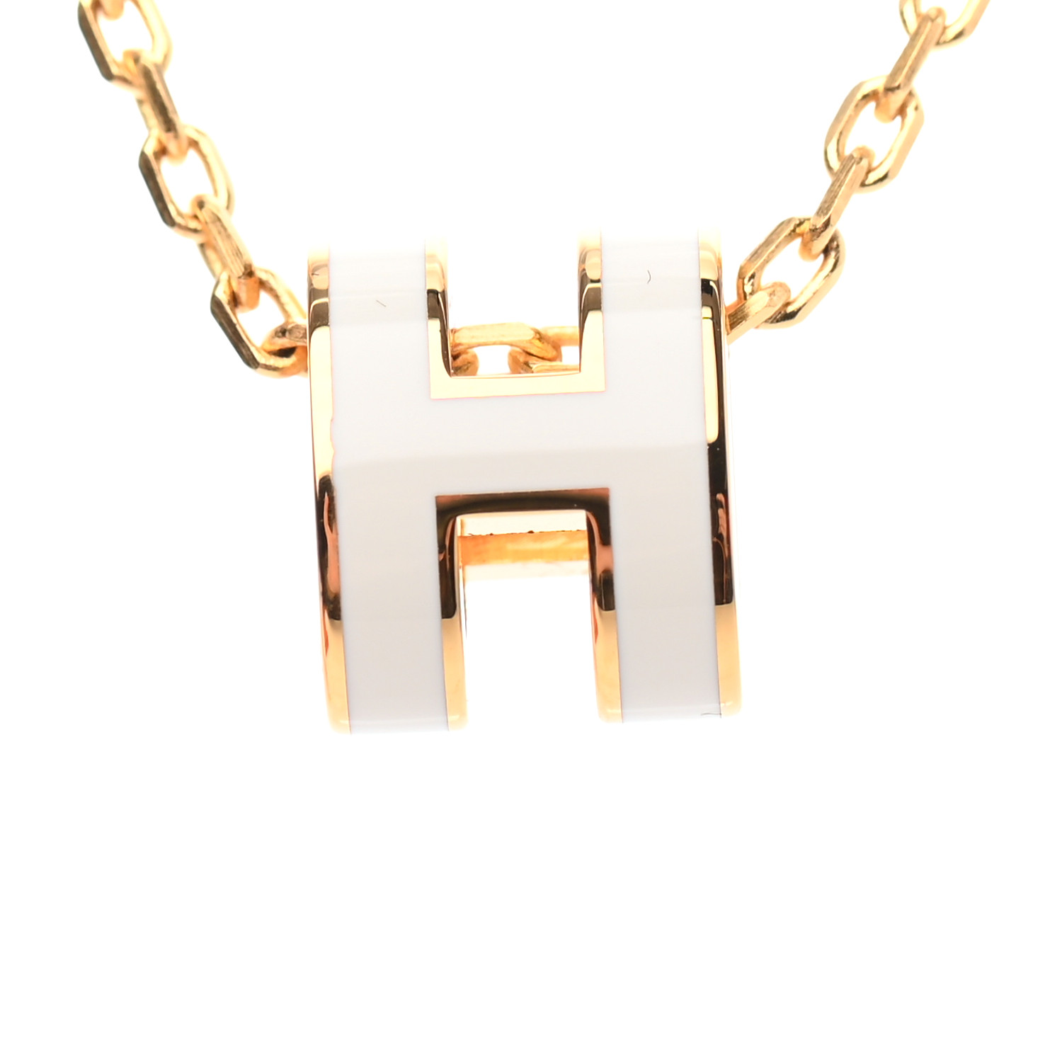 HERMES Lacquered Gold Mini Pop H Pendant Necklace White 816157 