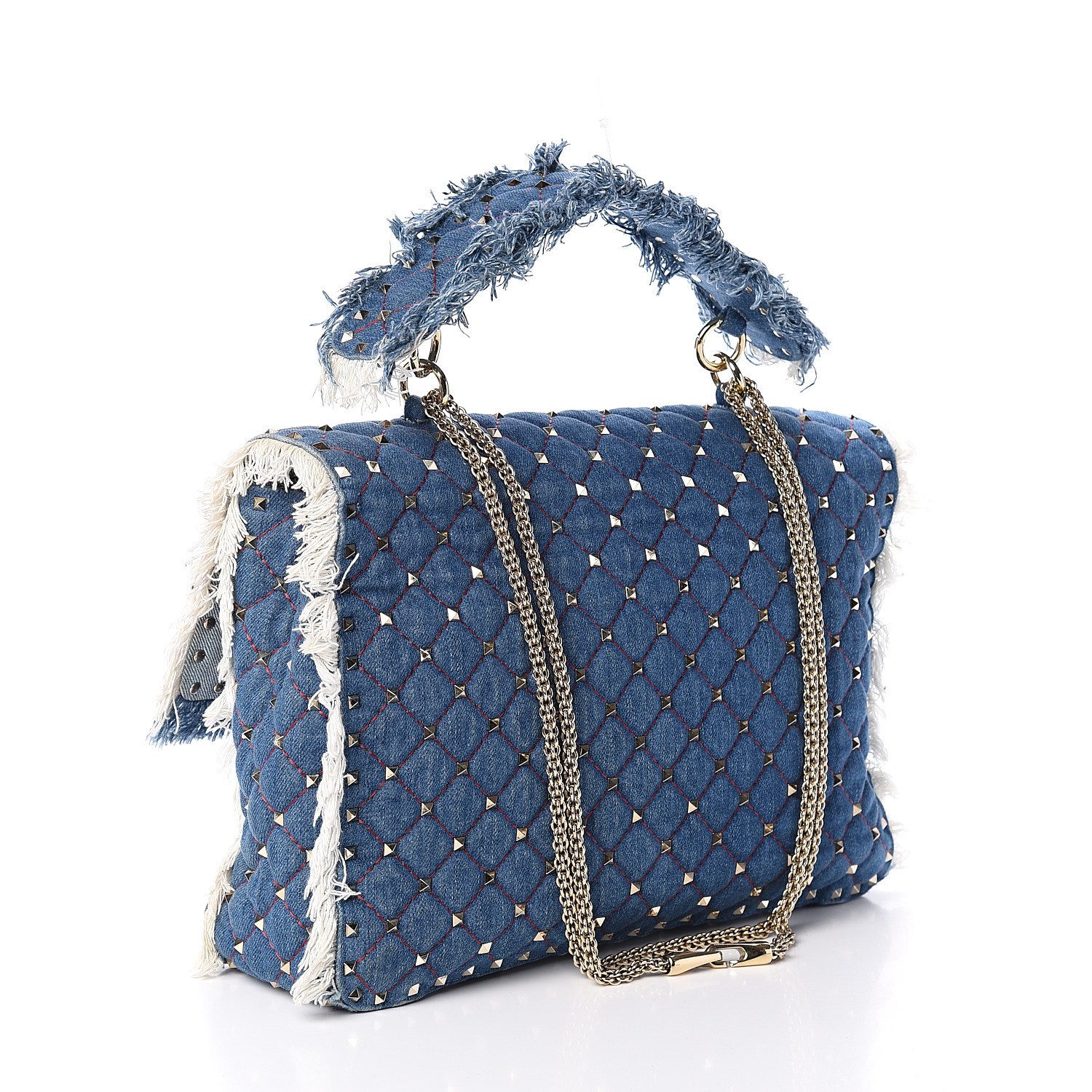 VALENTINO Denim Maxi Rockstud Spike Fringe Shoulder Bag Blue 548113