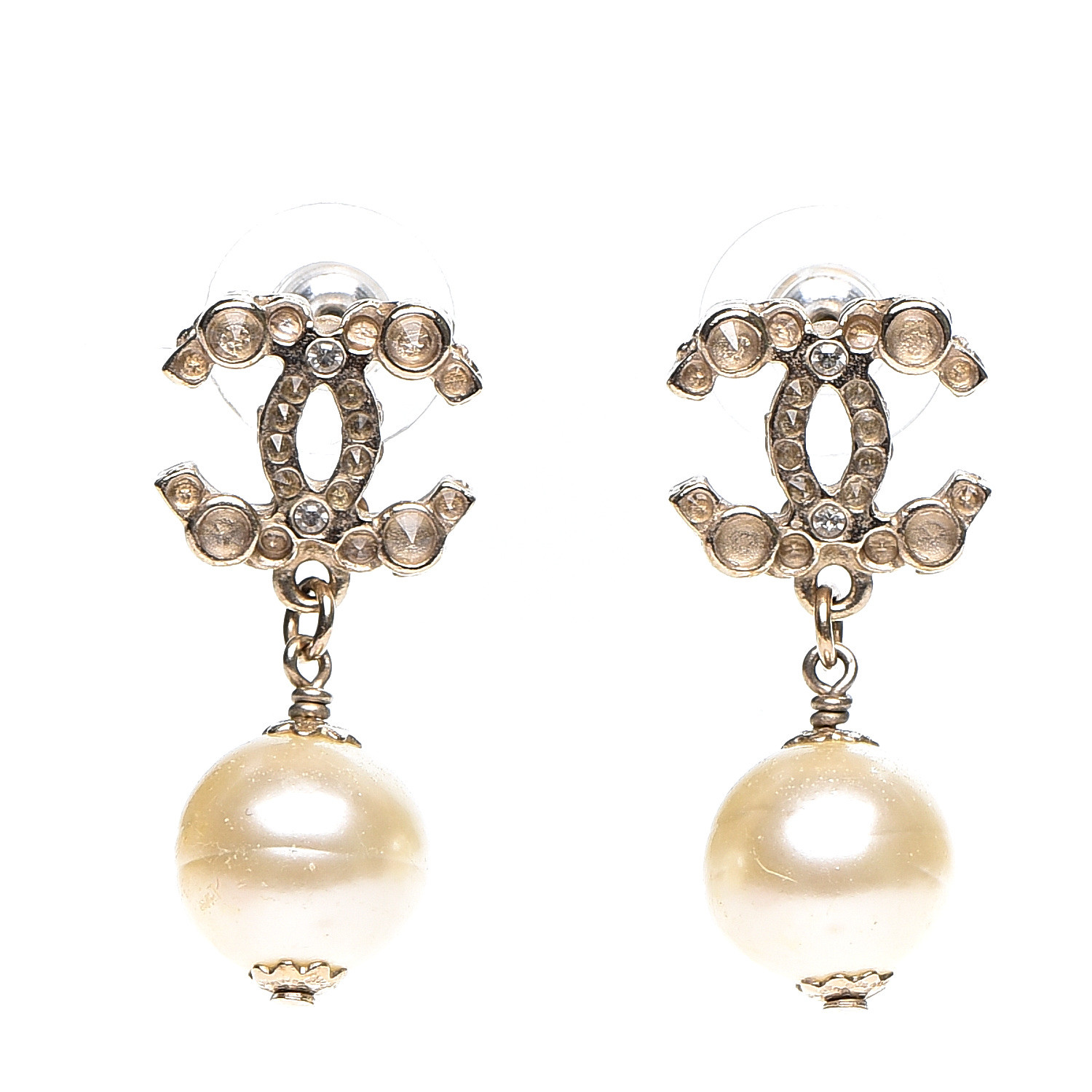 CHANEL Crystal Pearl CC Drop Earrings Gold 547797