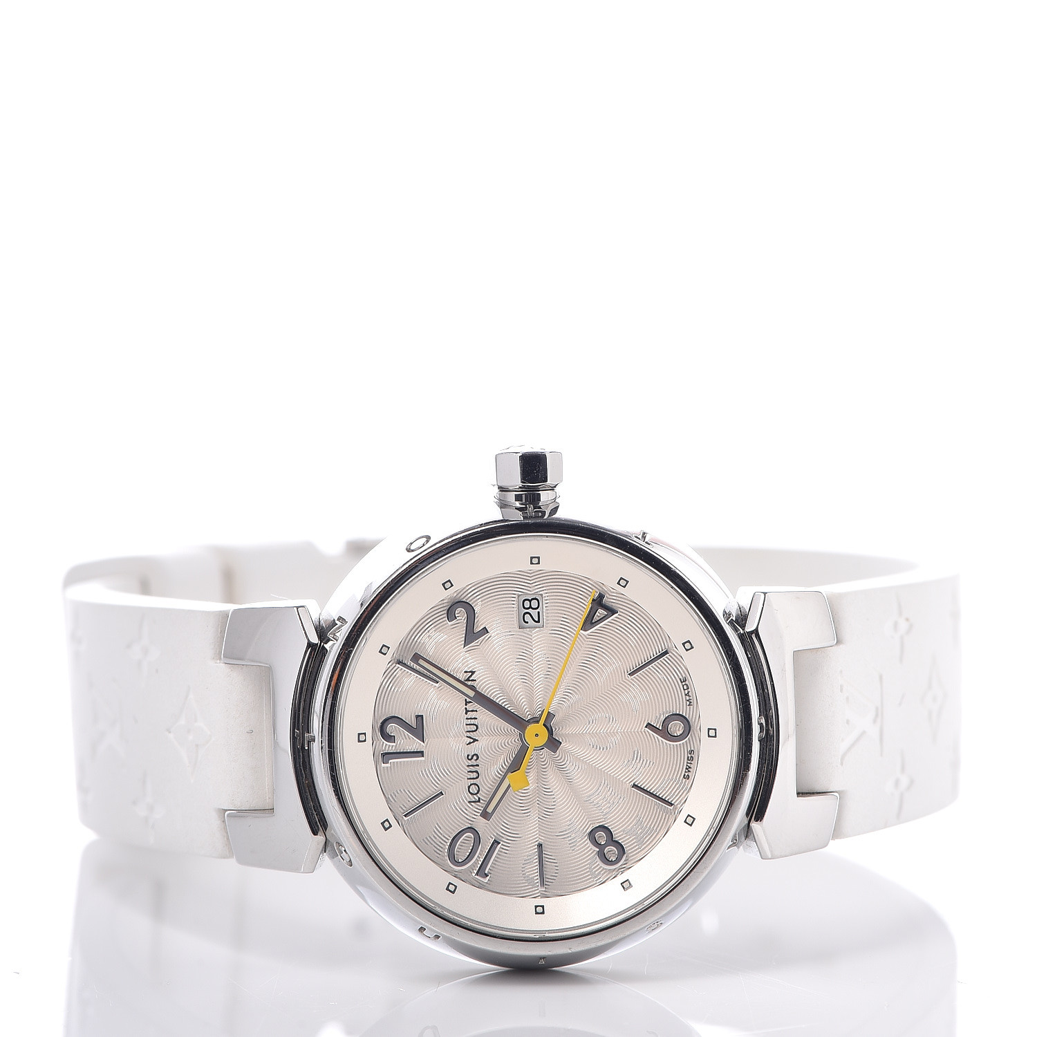 LOUIS VUITTON Stainless Steel Rubber 28mm Monogram Tambour Quartz Watch White 469706