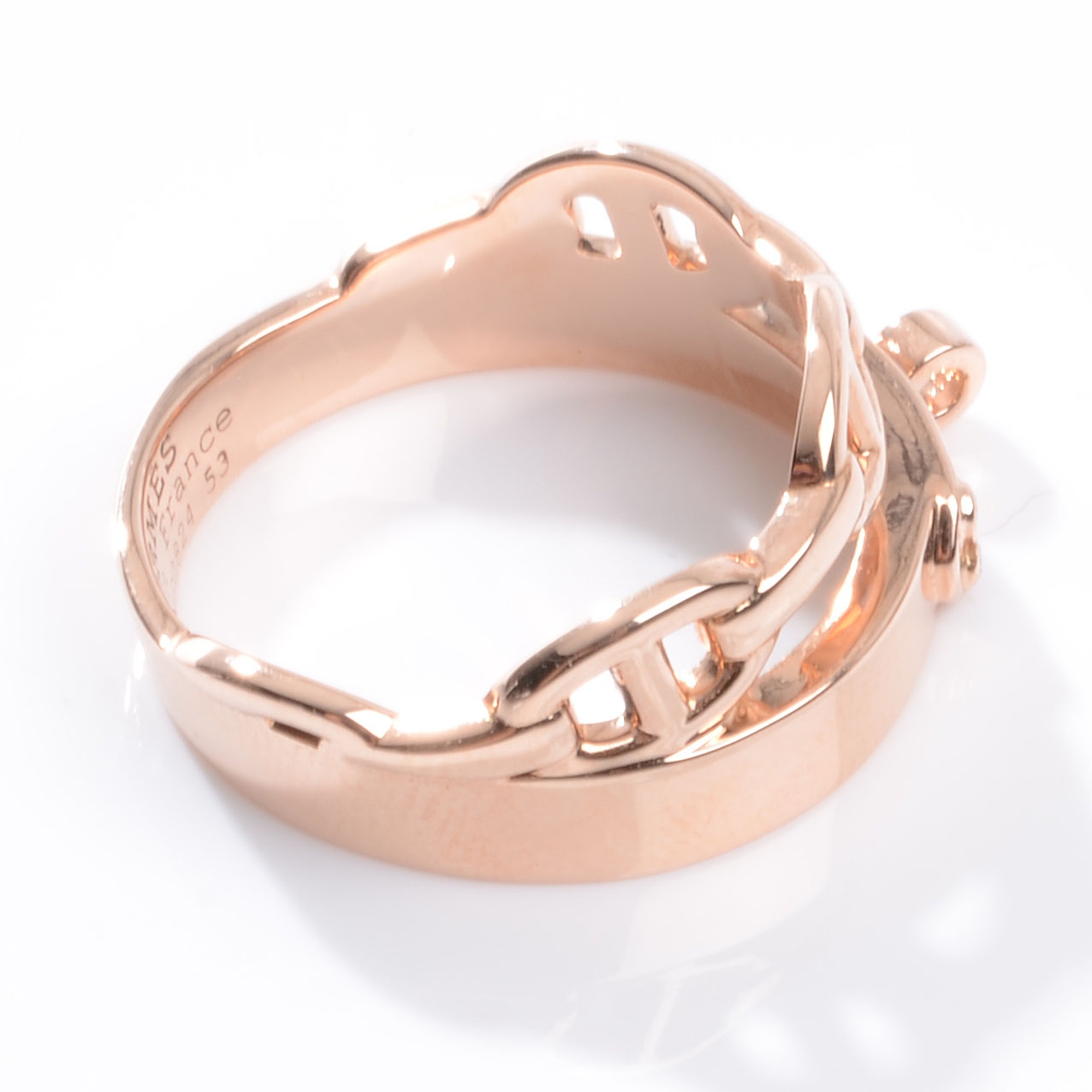 HERMES 18k Rose Gold Kelly Diamond Double Tour Chaine d Ancre Ring Size
