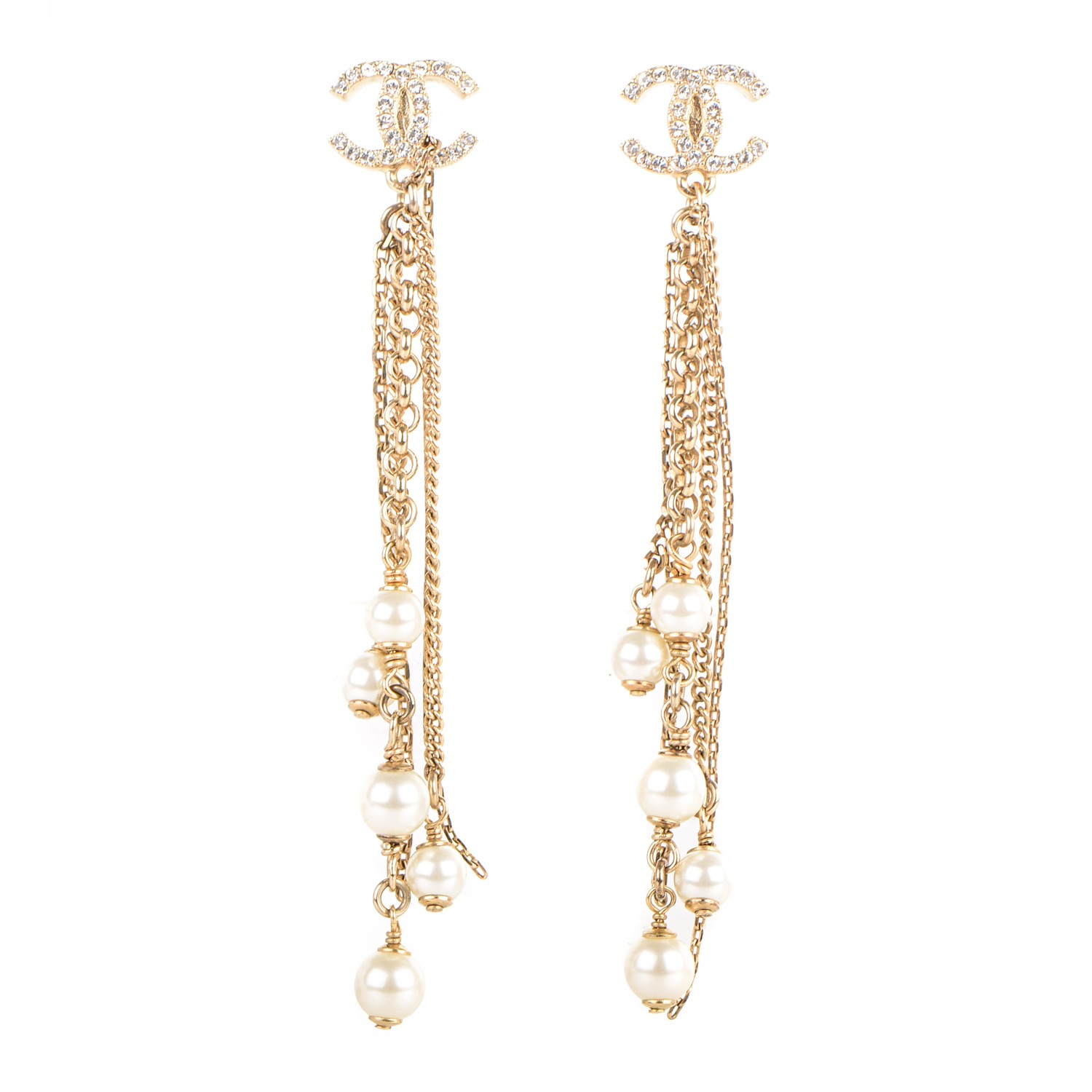 CHANEL Crystal CC Pearl Dangle Earrings Gold 171182