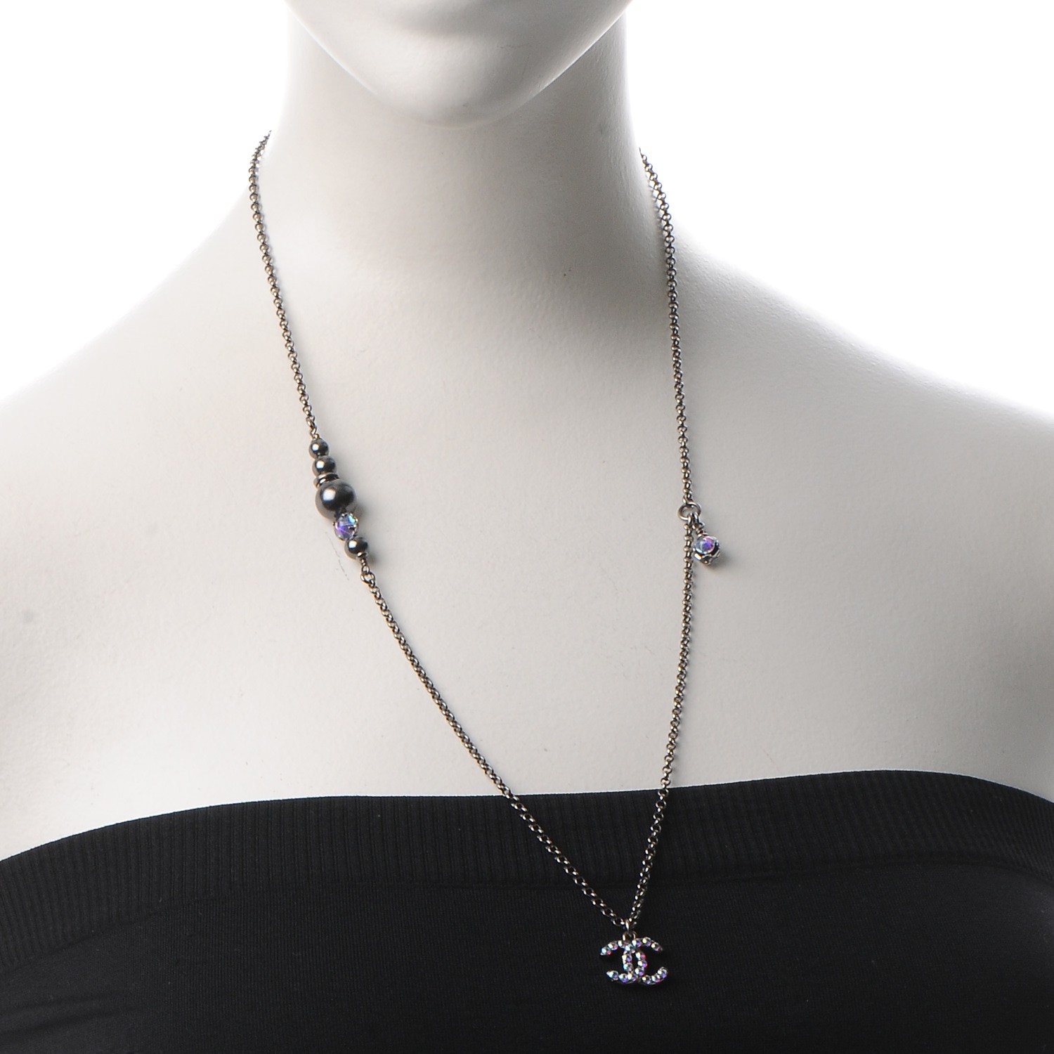 CHANEL Ruthenium Crystal CC Necklace Iridescent Blue 244504