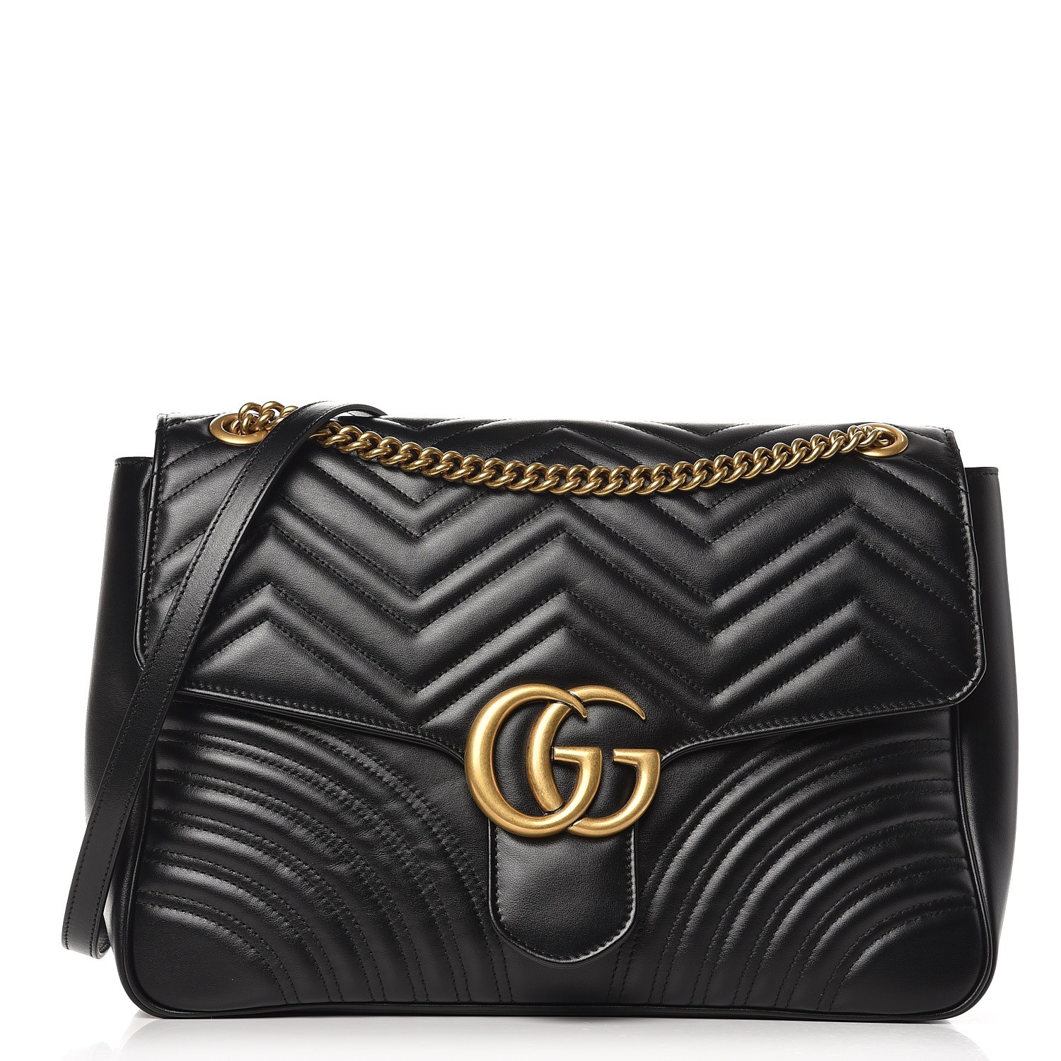 GUCCI Calfskin Matelasse Large GG Marmont Shoulder Bag Black 244471