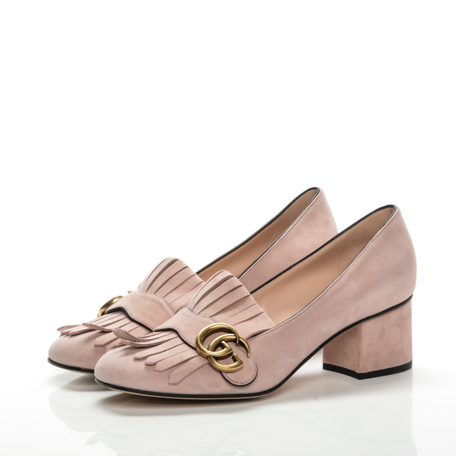 GUCCI Suede GG Marmont Fringe Loafer Pumps 38 Blush 197201