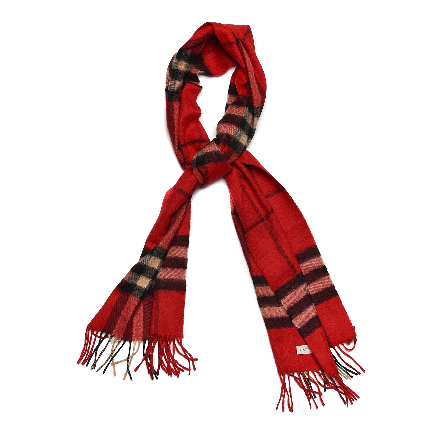 BURBERRY Cashmere Classic Check Fringe Scarf Parade Red 496532