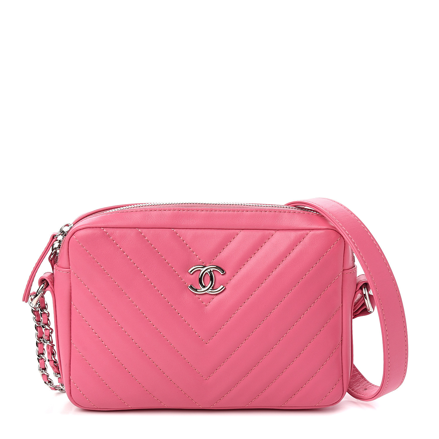 CHANEL Lambskin Chevron Quilted Small Promenade Camera Case Pink 552398