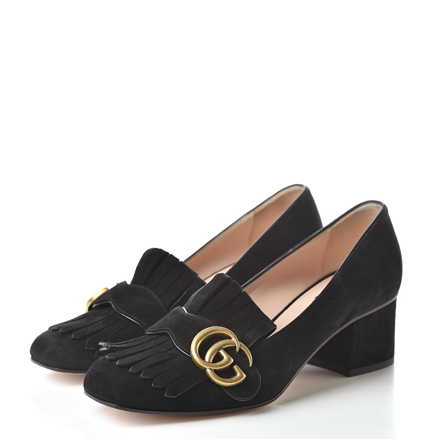 GUCCI Suede GG Marmont Fringe Loafer Pumps 36 Black 512659 | FASHIONPHILE