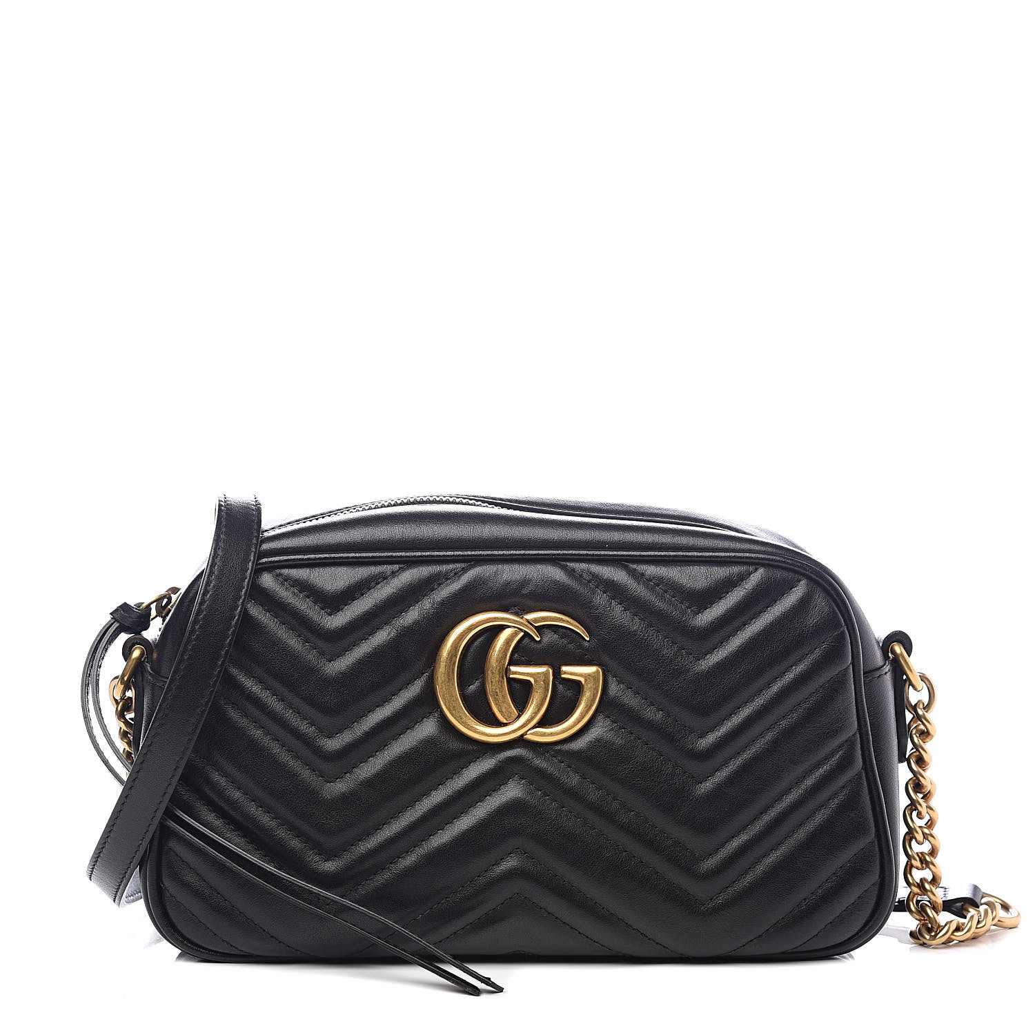 GUCCI Calfskin Matelasse Small GG Marmont Chain Shoulder Bag Black 525939