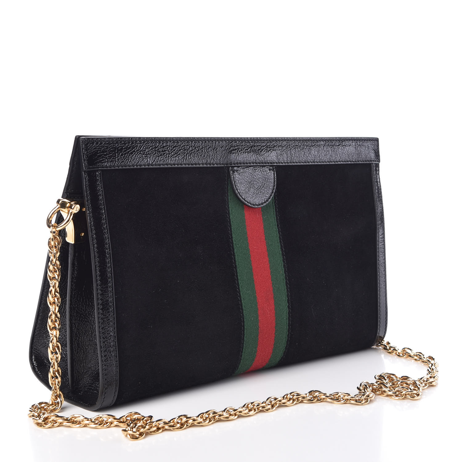 GUCCI Patent Calfskin Suede Web Medium Ophidia Shoulder Bag Black 379224