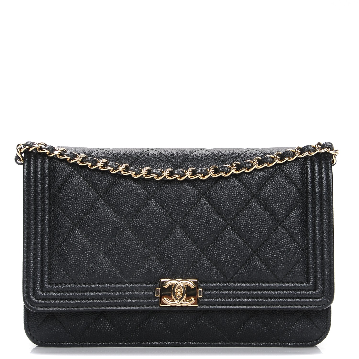 CHANEL Caviar Quilted Boy Wallet On Chain WOC Black 221920