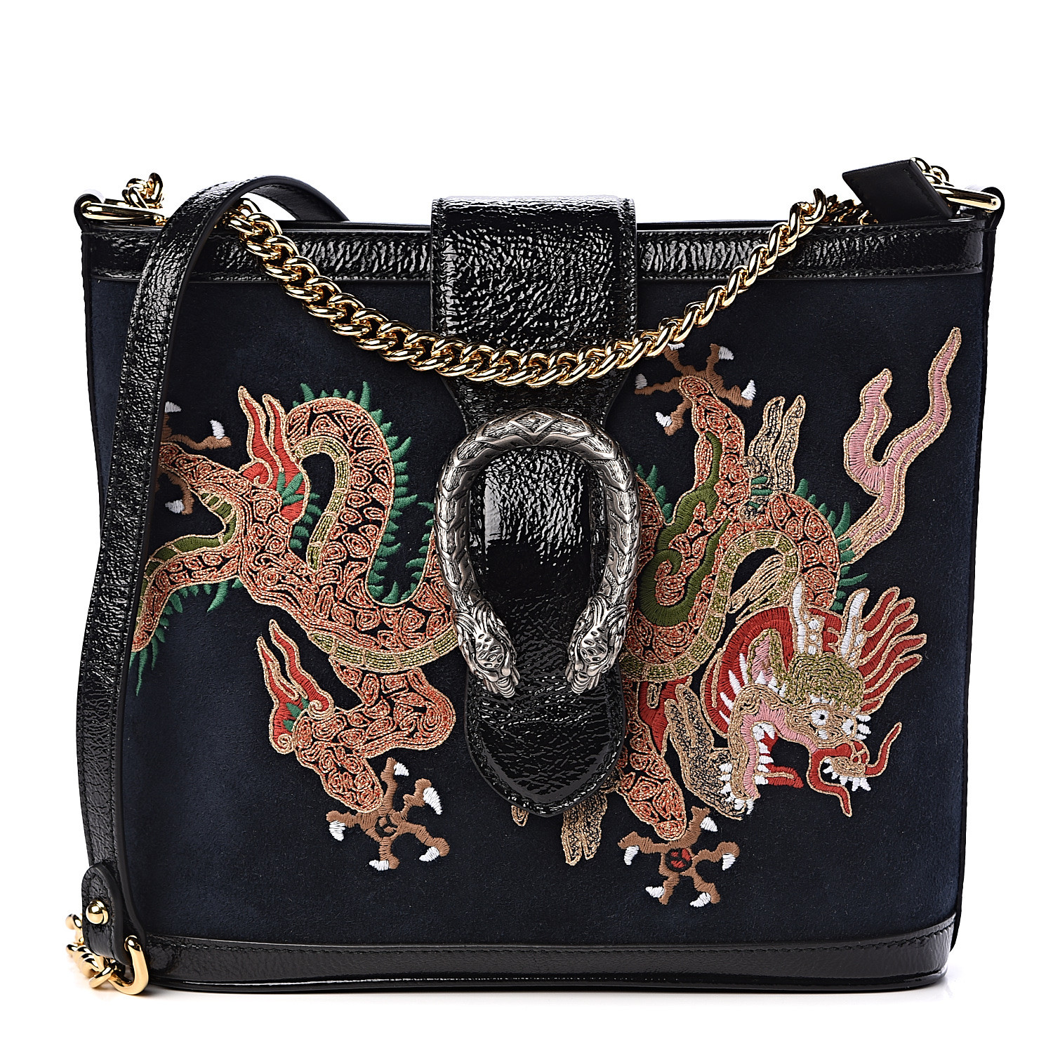 GUCCI Suede Patent Dragon Embroidered Medium Dionysus Bucket Bag Dark Blue 489566