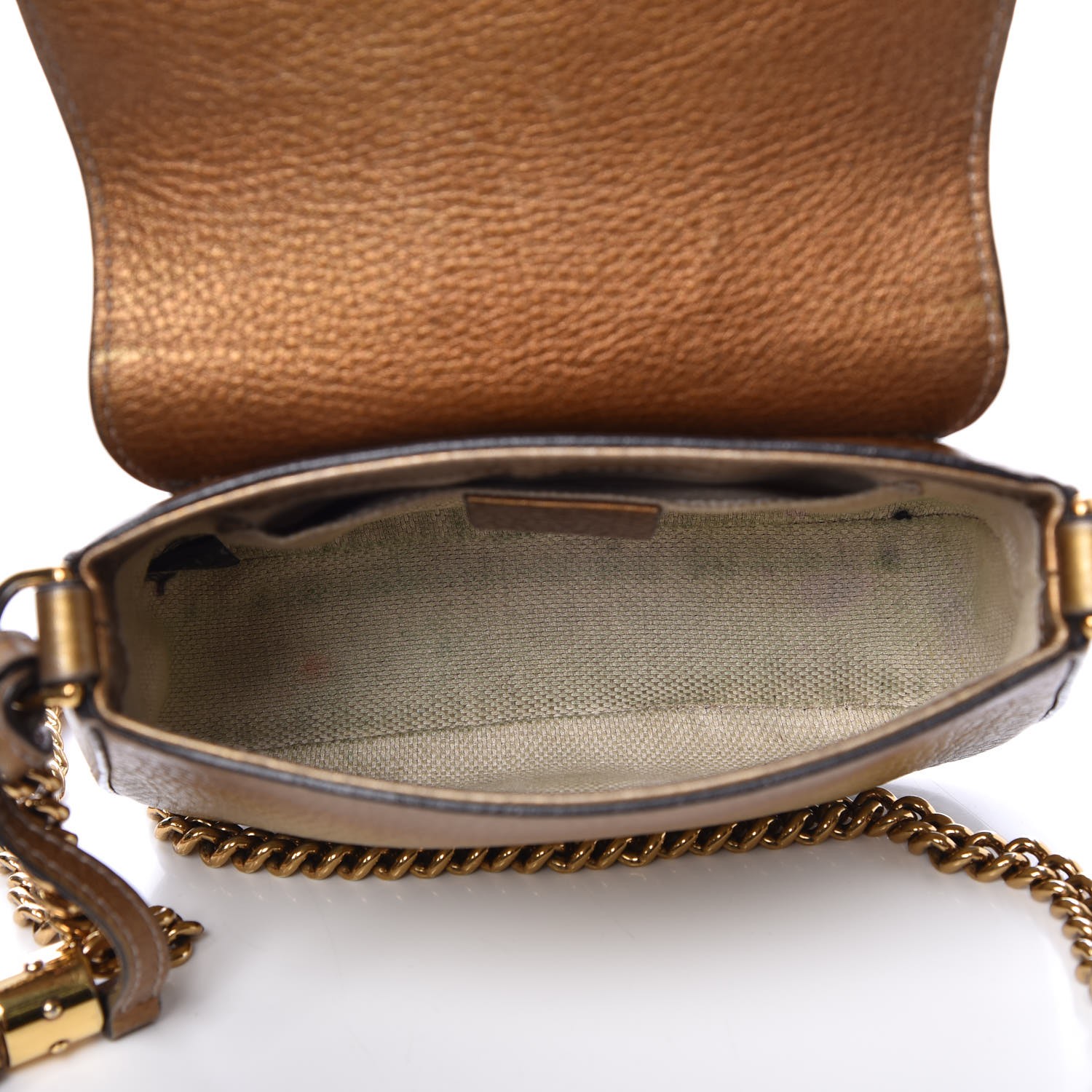 GUCCI Metallic Pebbled Calfskin Small Soho Chain Shoulder Bag Golden Beige 289939