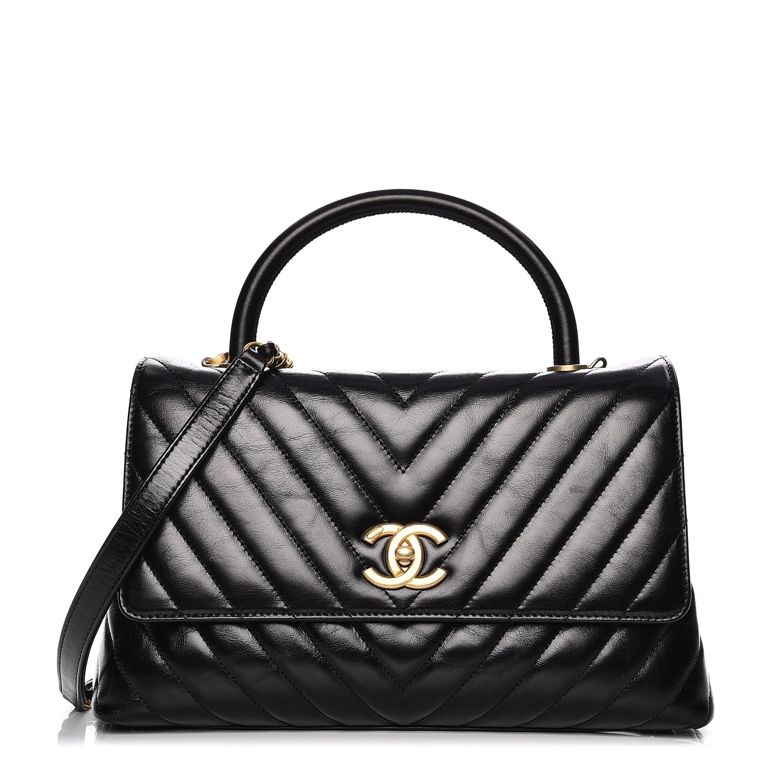CHANEL Calfskin Chevron Quilted Coco Handle Flap Black 259423