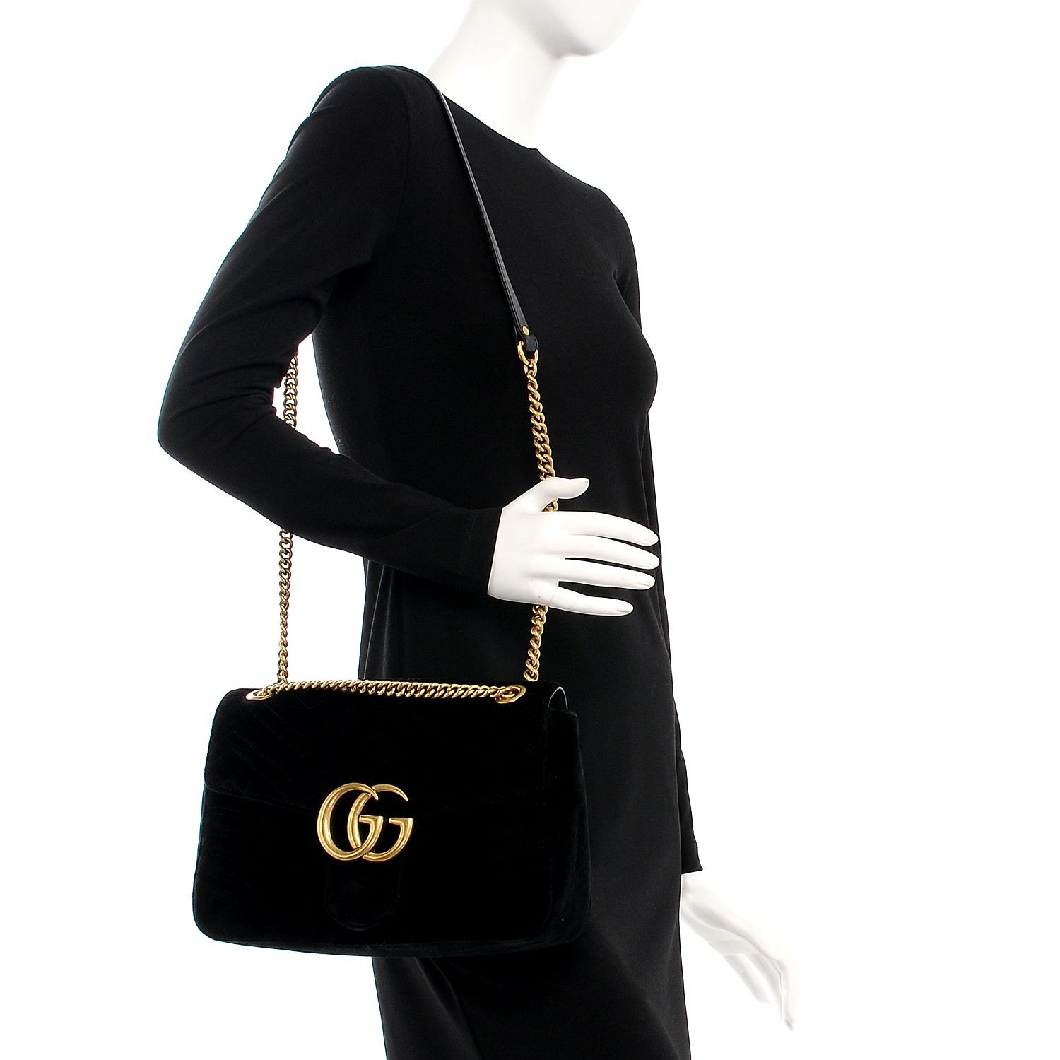 GUCCI Velvet Matelasse Medium GG Marmont Shoulder Bag Black 208970