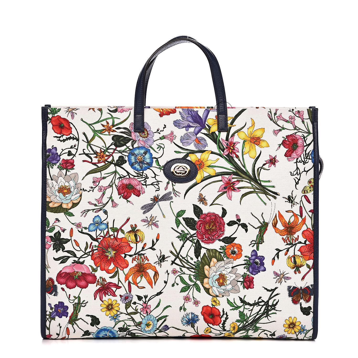 GUCCI Canvas Large Flora Tote Navy Multicolor 530658