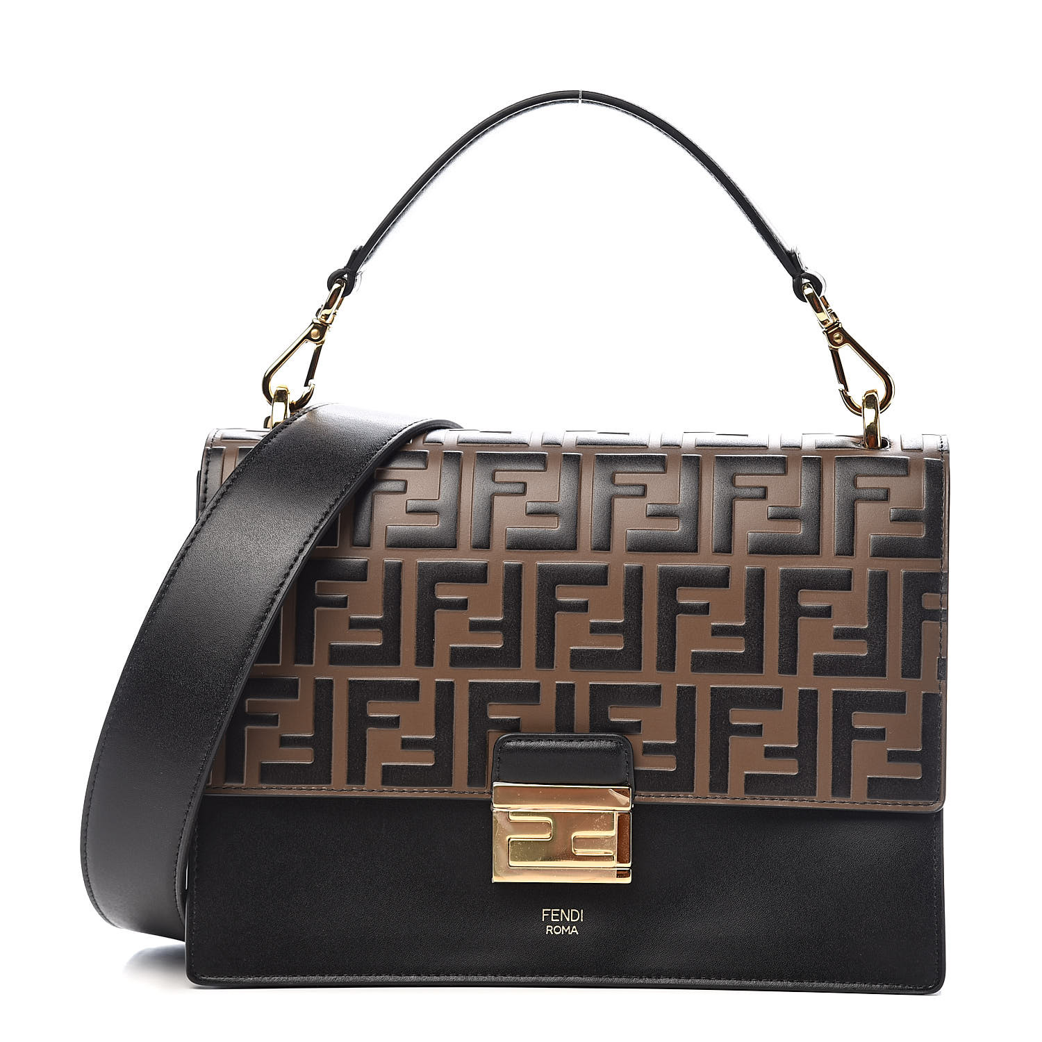 FENDI Calfskin FF 1974 Embossed Kan U Shoulder Bag Black Maya 531495 ...