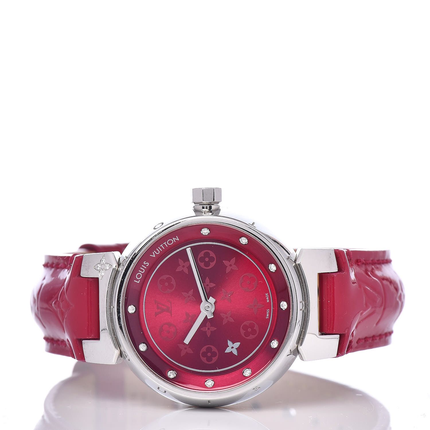 LOUIS VUITTON Stainless Steel Diamond Vernis 28mm Tambour Quartz Watch Indian Rose 453223