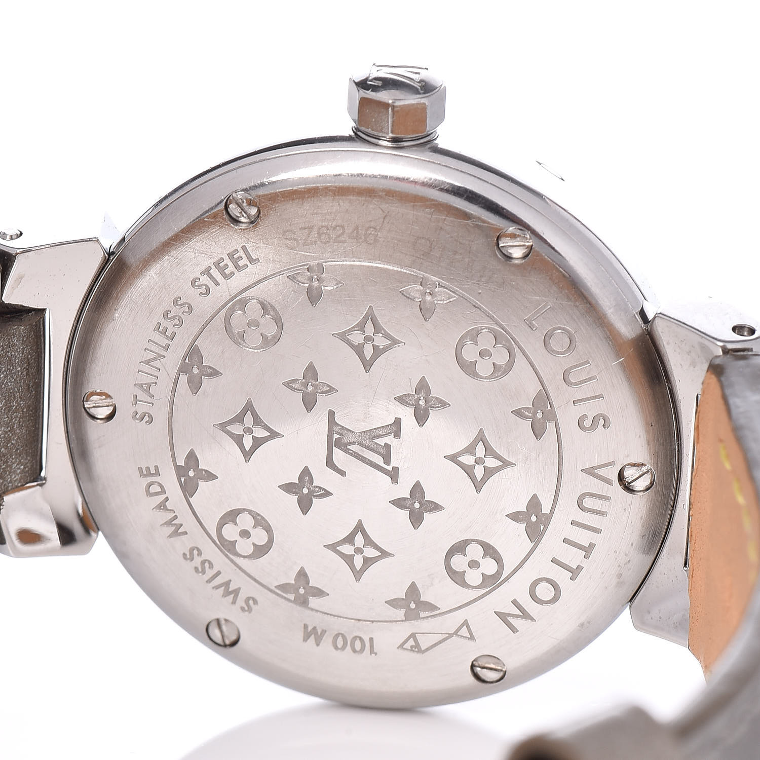 LOUIS VUITTON Stainless Steel Diamond Vernis 28mm Tambour Quartz Watch Silver 453227