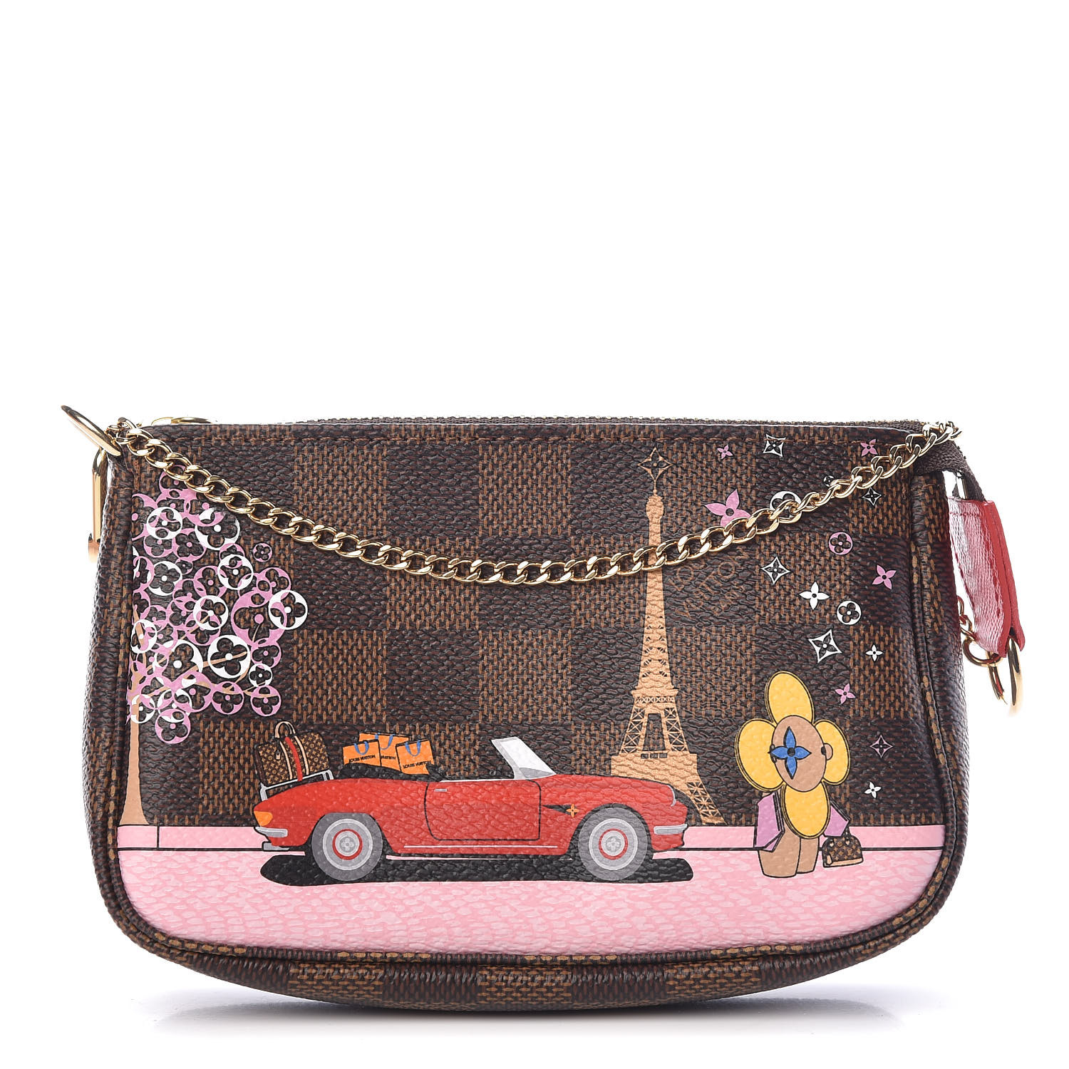 LOUIS VUITTON Damier Ebene Vivienne Xmas Paris Mini Pochette Accessories Red 458892