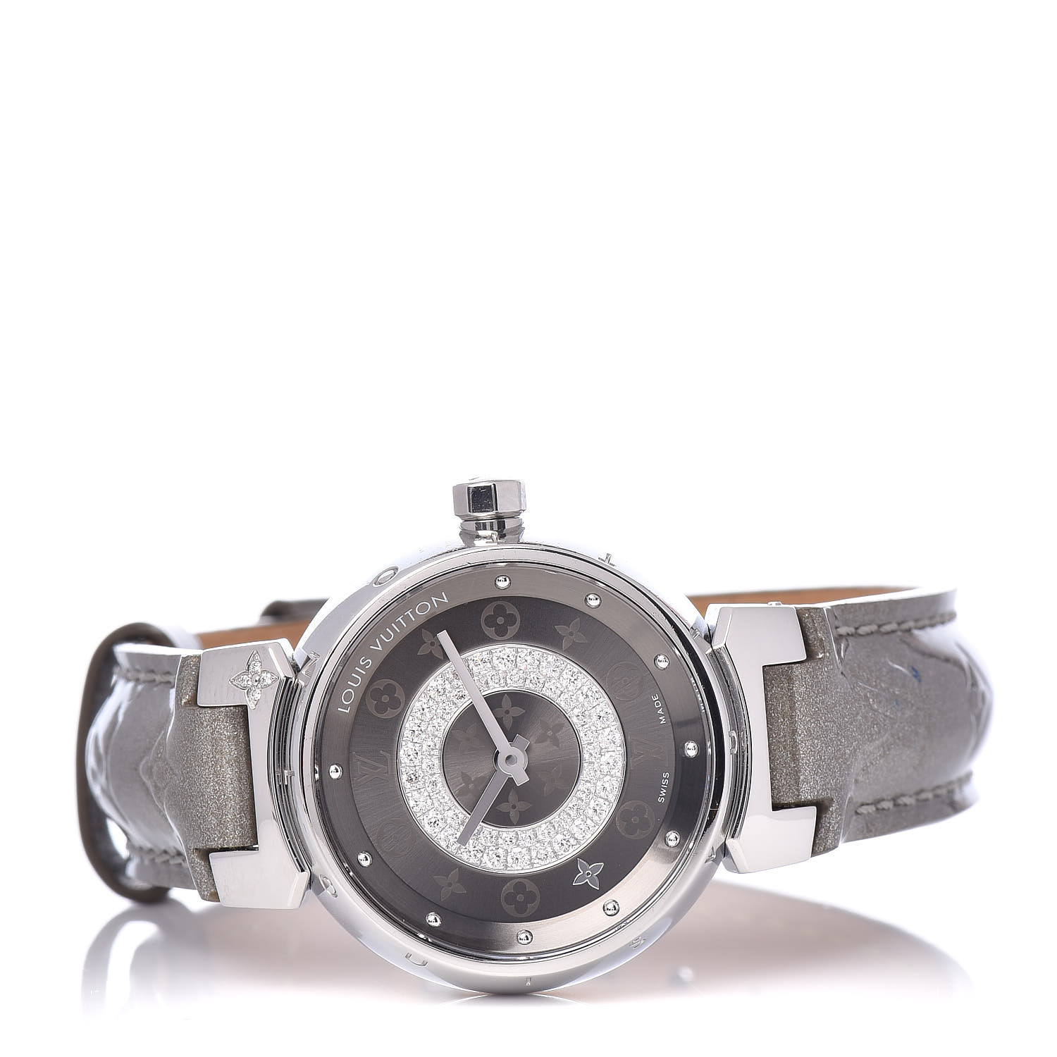 LOUIS VUITTON Stainless Steel Diamond Vernis 28mm Tambour Quartz Watch ...