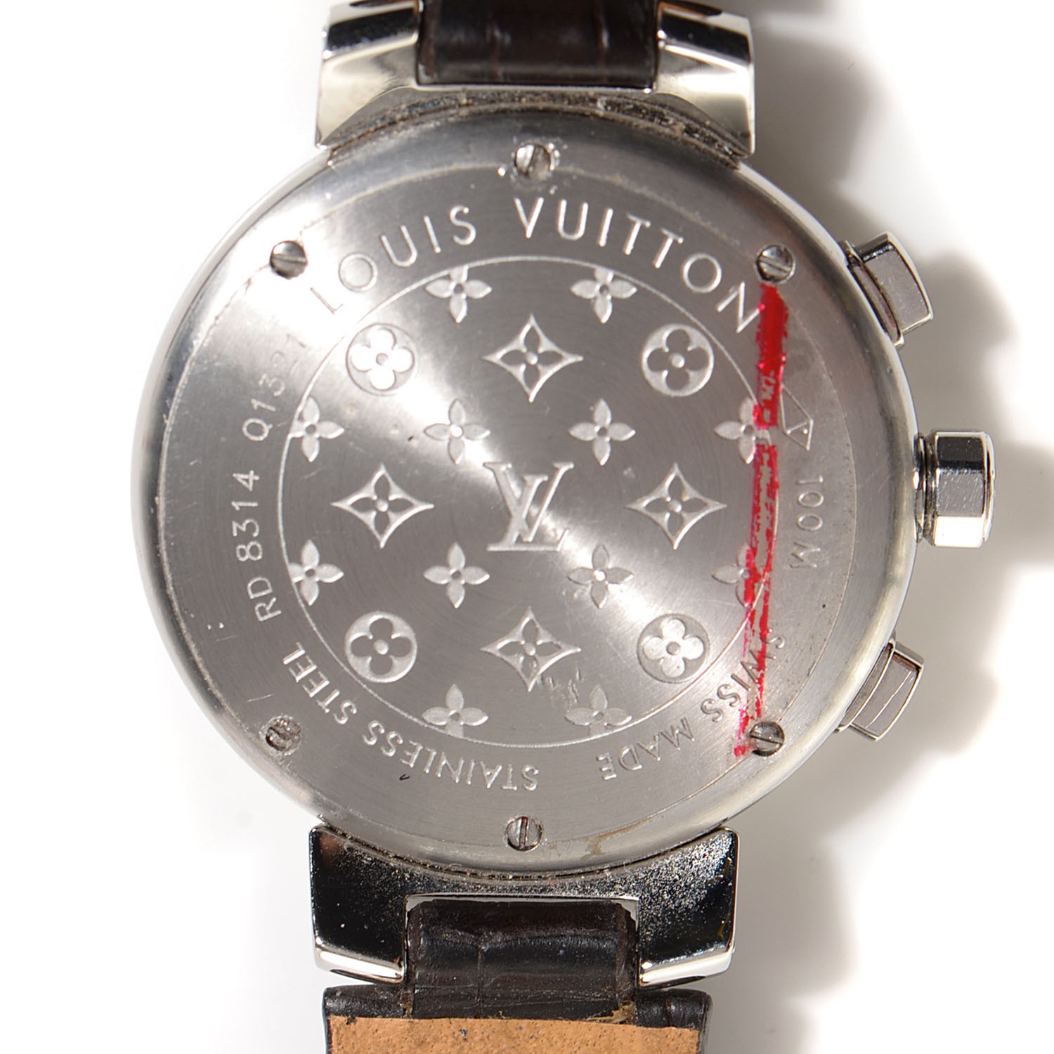 LOUIS VUITTON Stainless Steel Alligator 34mm Medium Tambour Chronograph Quartz Watch Brun 100208