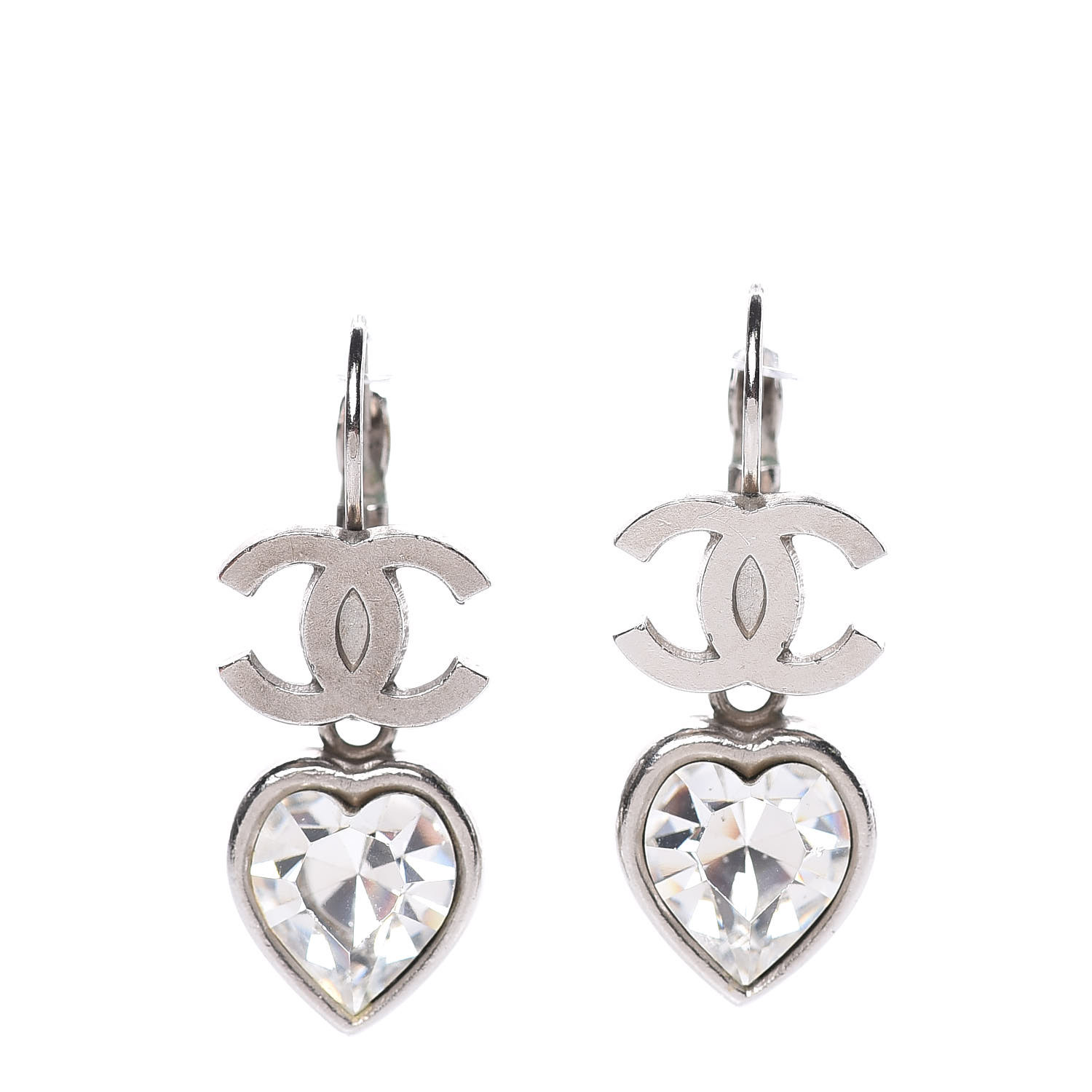 CHANEL Crystal Heart CC Drop Earrings Silver 419012