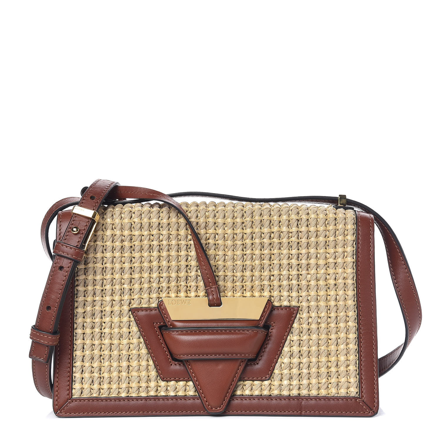 LOEWE Woven Raffia Calfskin Medium Barcelona Shoulder Bag Brown 419163