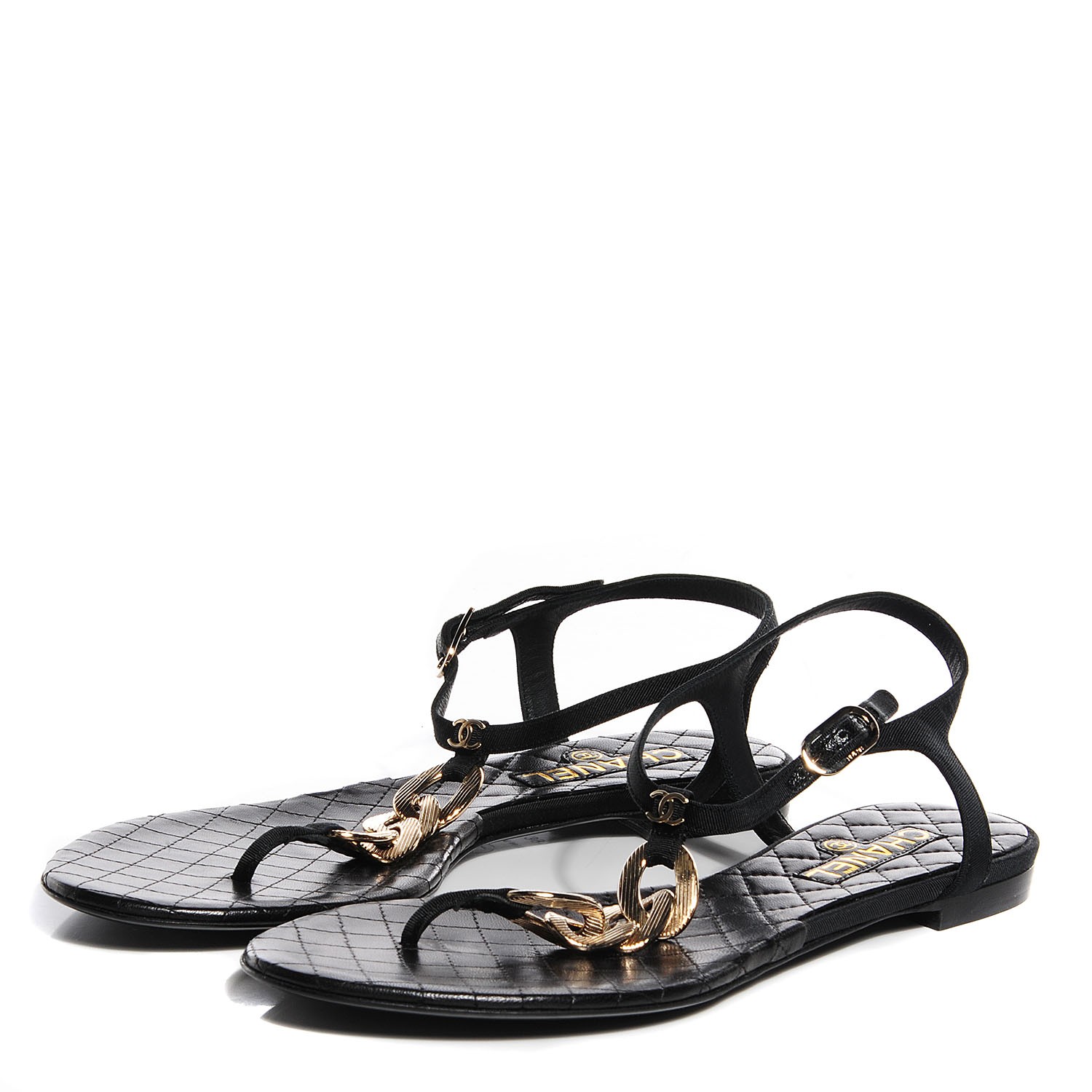 CHANEL Leather CC Chain Thong Sandals 39.5 Black Gold 94152