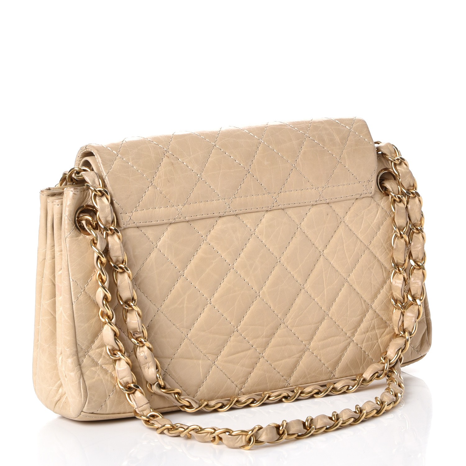 CHANEL Aged Calfskin Quilted Accordion Double Flap Beige 238943