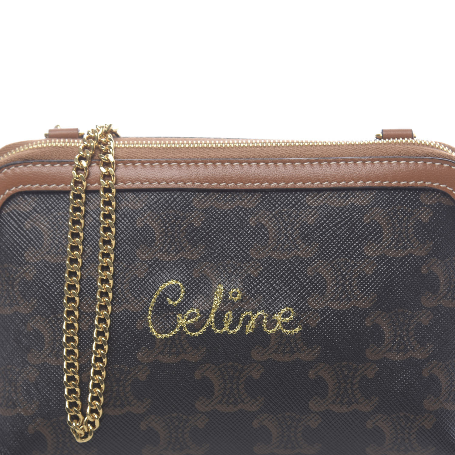 CELINE Lambskin Triomphe Canvas Embroidered Logo Clutch With Chain Tan ...