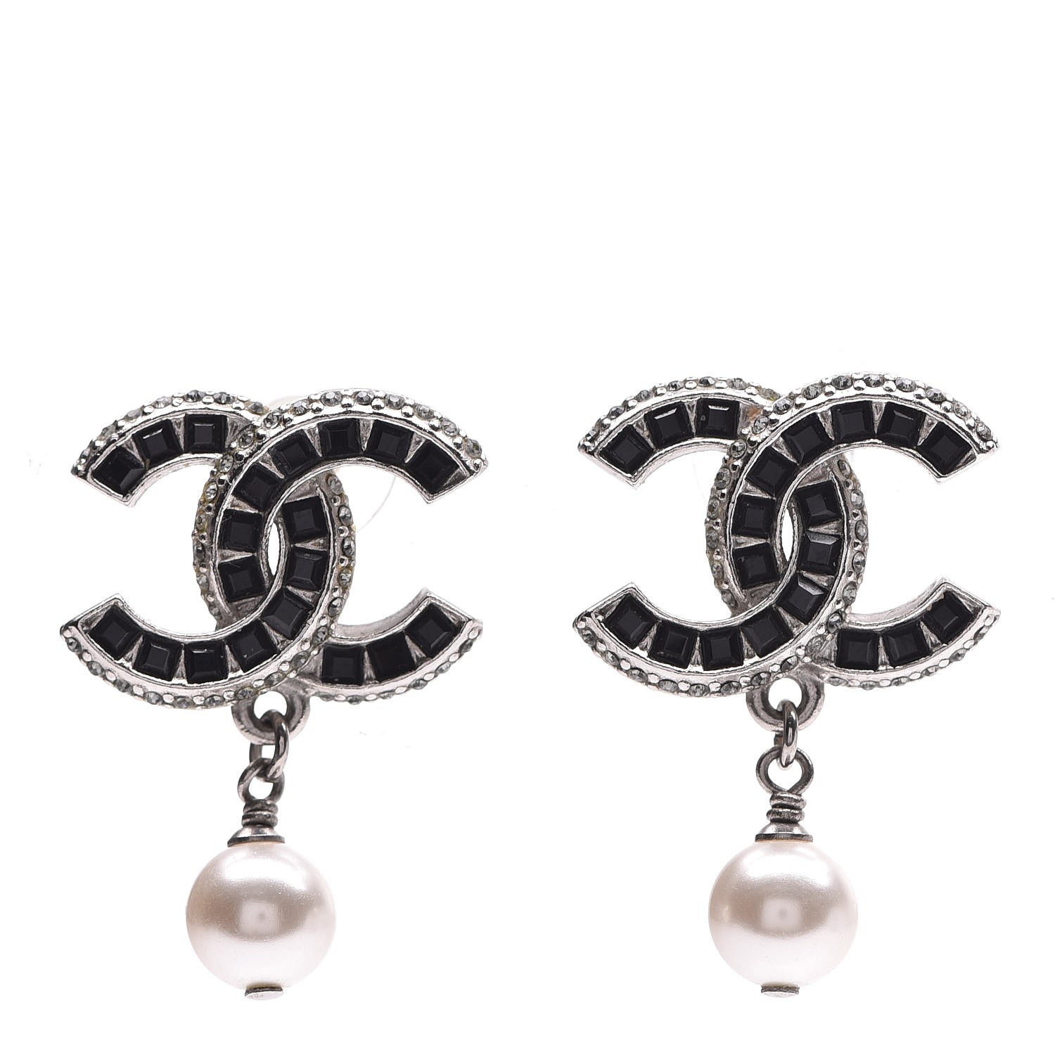 CHANEL Baguette Crystal Pearl CC Drop Earrings Silver Black 325723