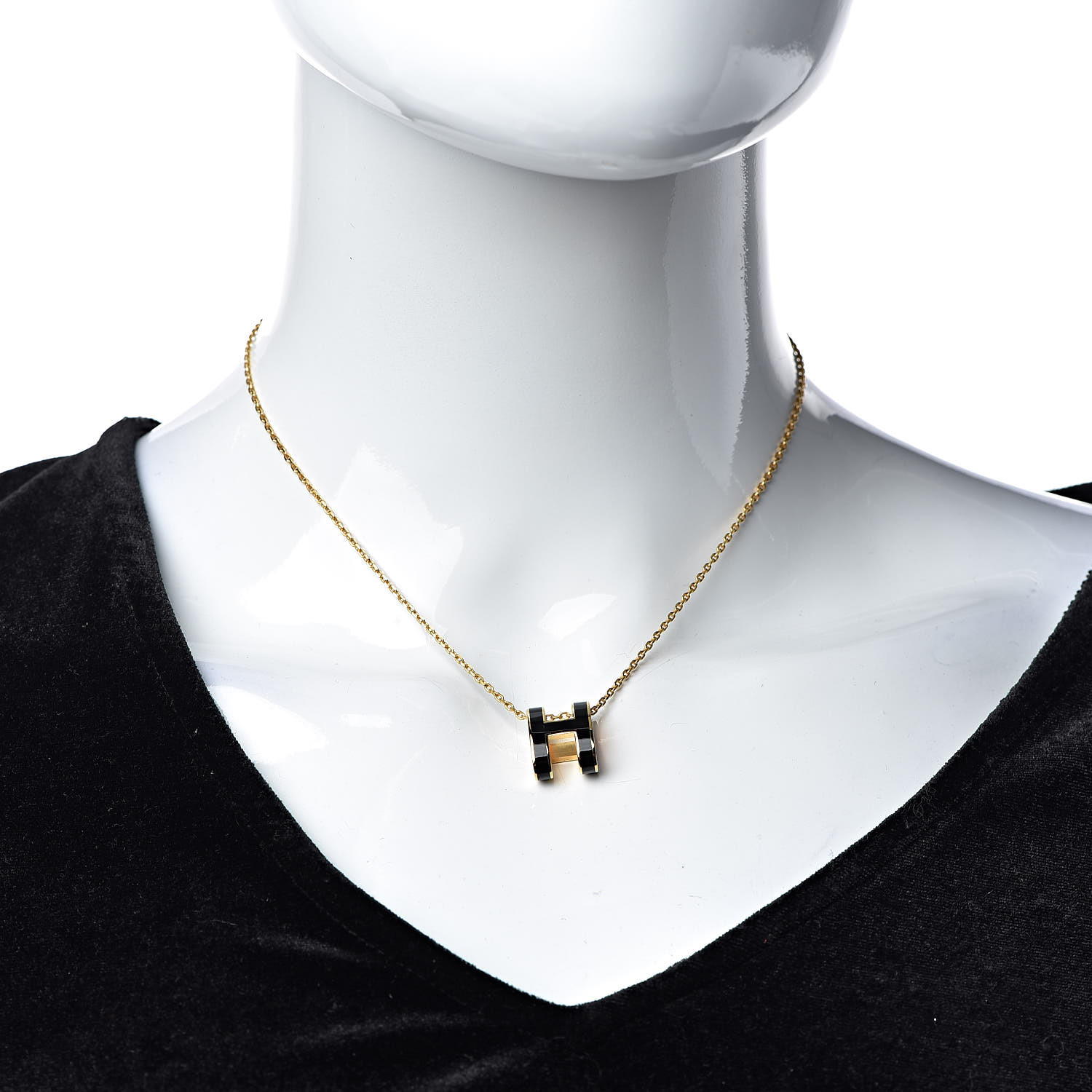 HERMES Lacquered Gold Pop H Pendant Necklace Black 426842