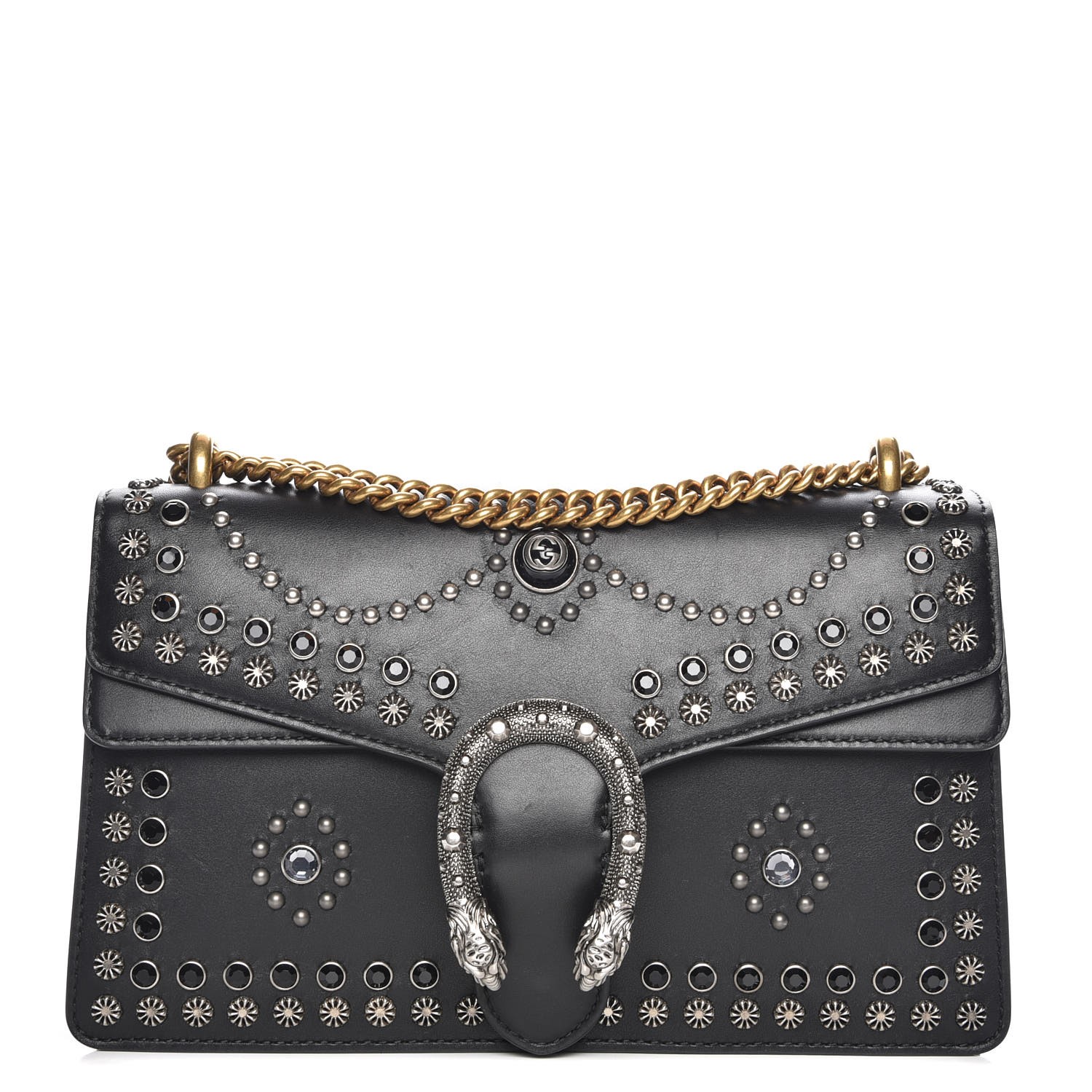 GUCCI Calfskin Small Studded Dionysus Shoulder Bag Black 215706