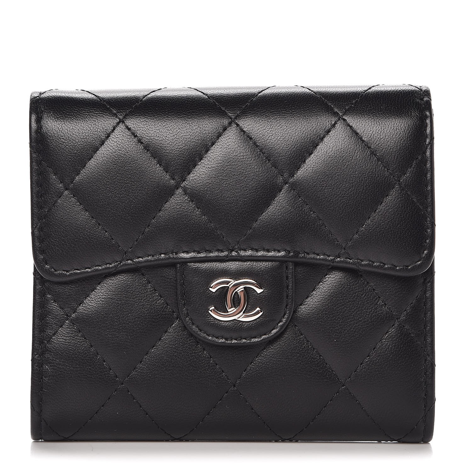 CHANEL Lambskin Quilted Small Compact Wallet Black 325056