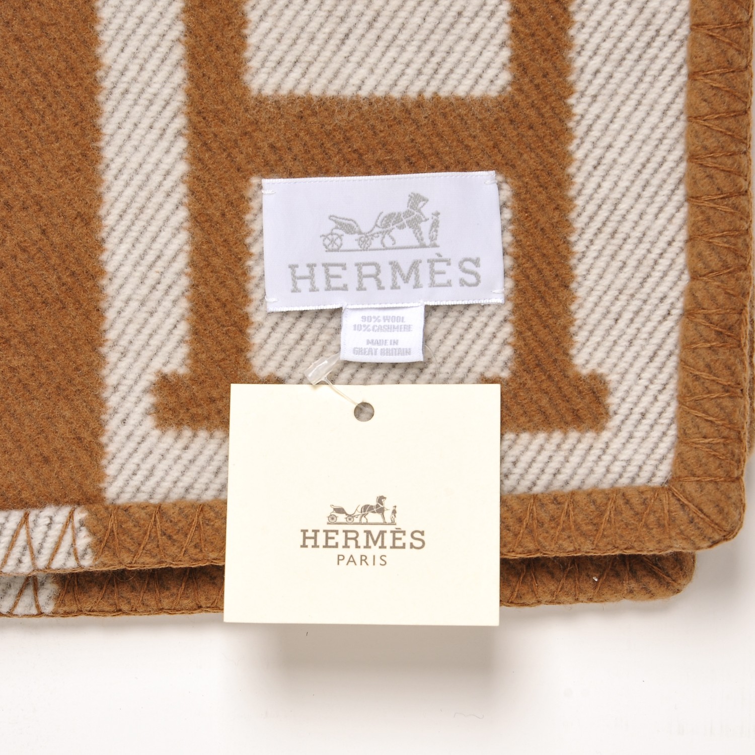 HERMES Wool Cashmere New Classic Avalon Blanket Ecru Camel 200200