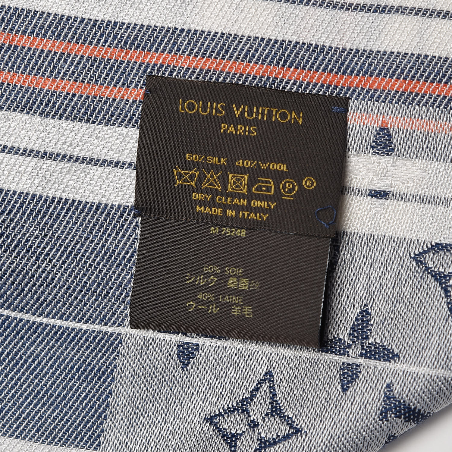 LOUIS VUITTON Silk Wool Monogram Mattress Stripes Shawl Blue Jean 458227