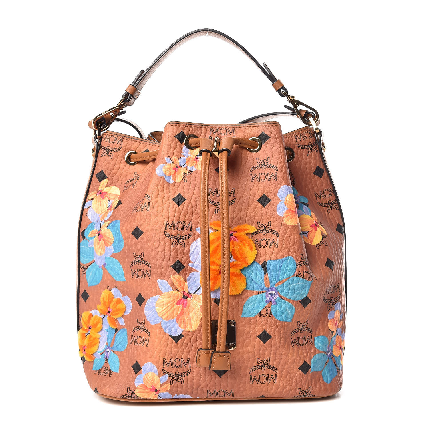 MCM Visetos Floral Print Small Drawstring Bucket Bag Cognac 386648