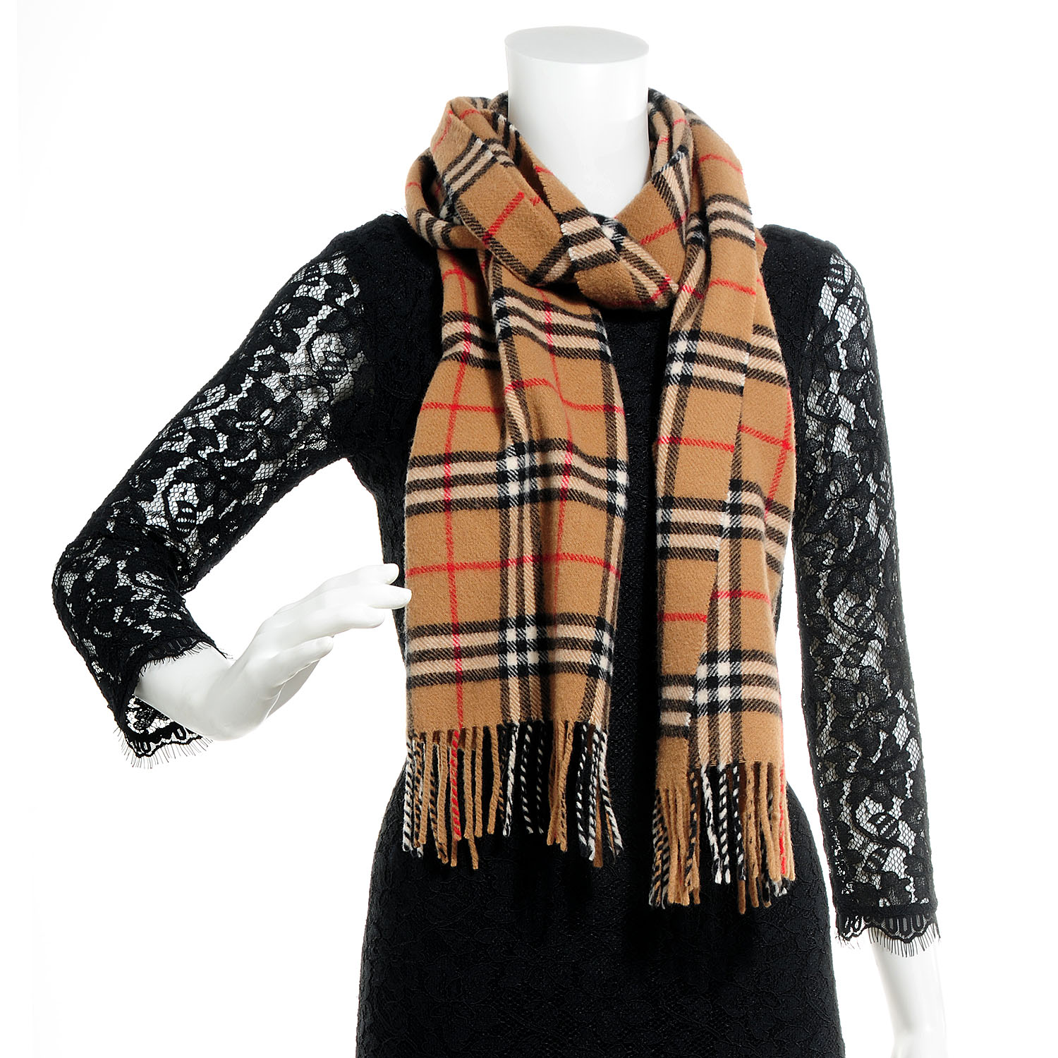 BURBERRY Lambswool Check Fringe Scarf Camel 78398
