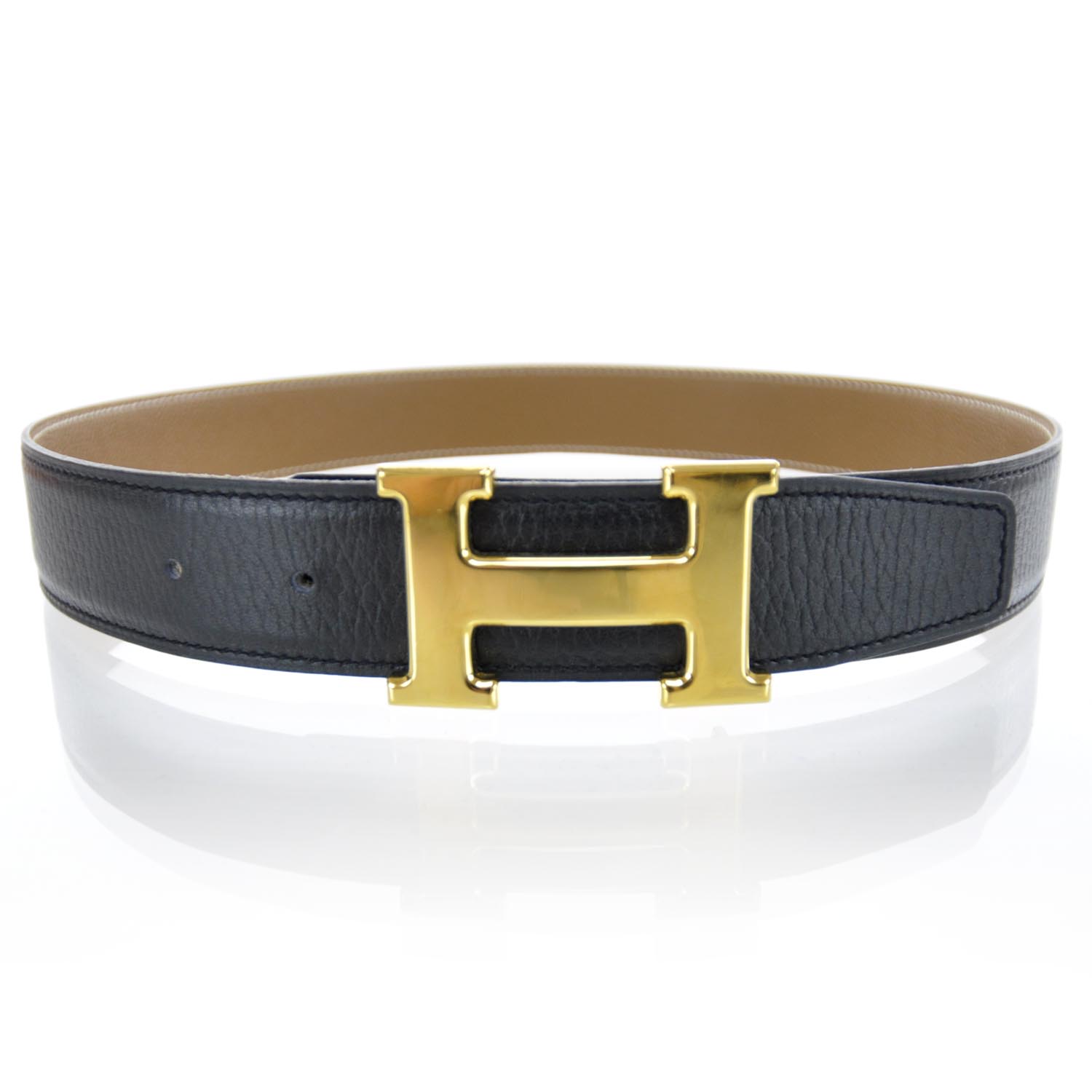 HERMES Leather Reversible H Belt Gold Black 70 31479