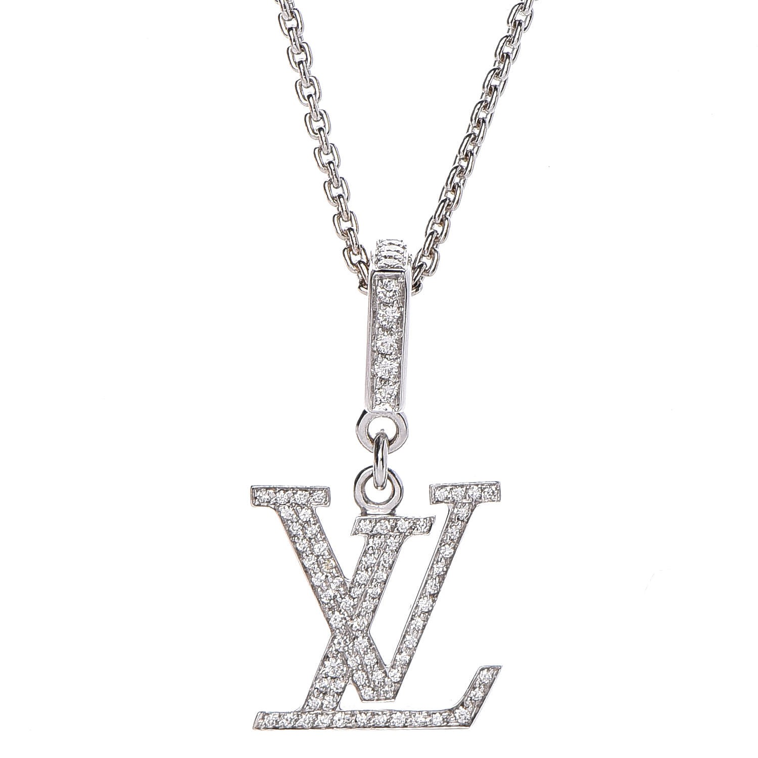 LOUIS VUITTON 18K White Gold Diamond Logo Necklace 259149