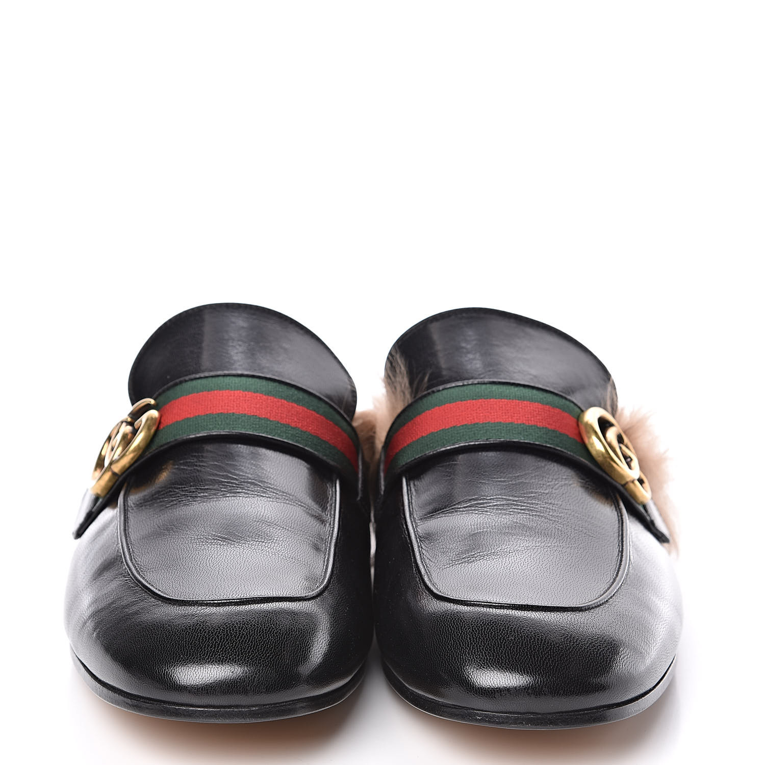 GUCCI Calfskin Fur Mens Princetown Web Double G Slippers Slides 11 Black 506574