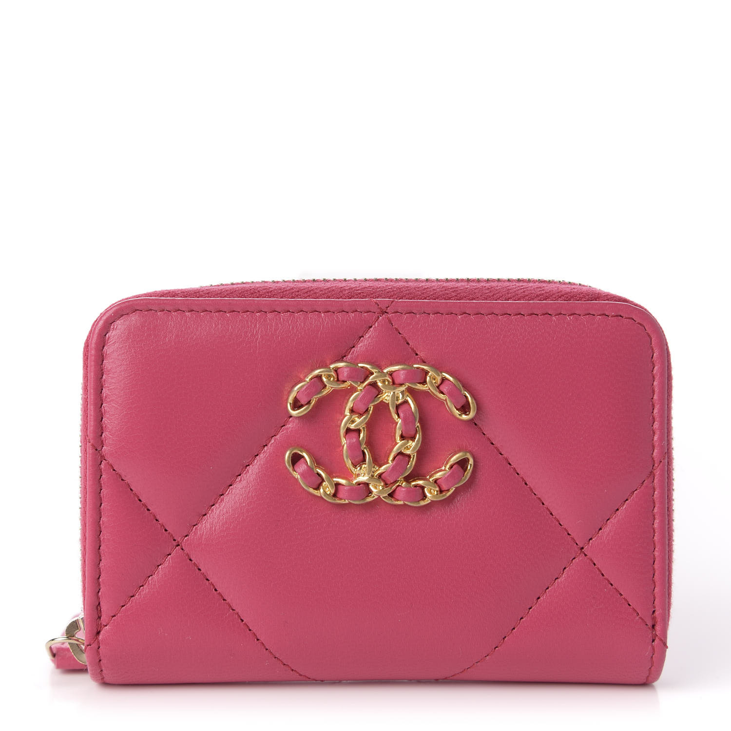 CHANEL Shiny Goatskin Quilted 19 Zip Around Coin Purse Wallet Pink 617981