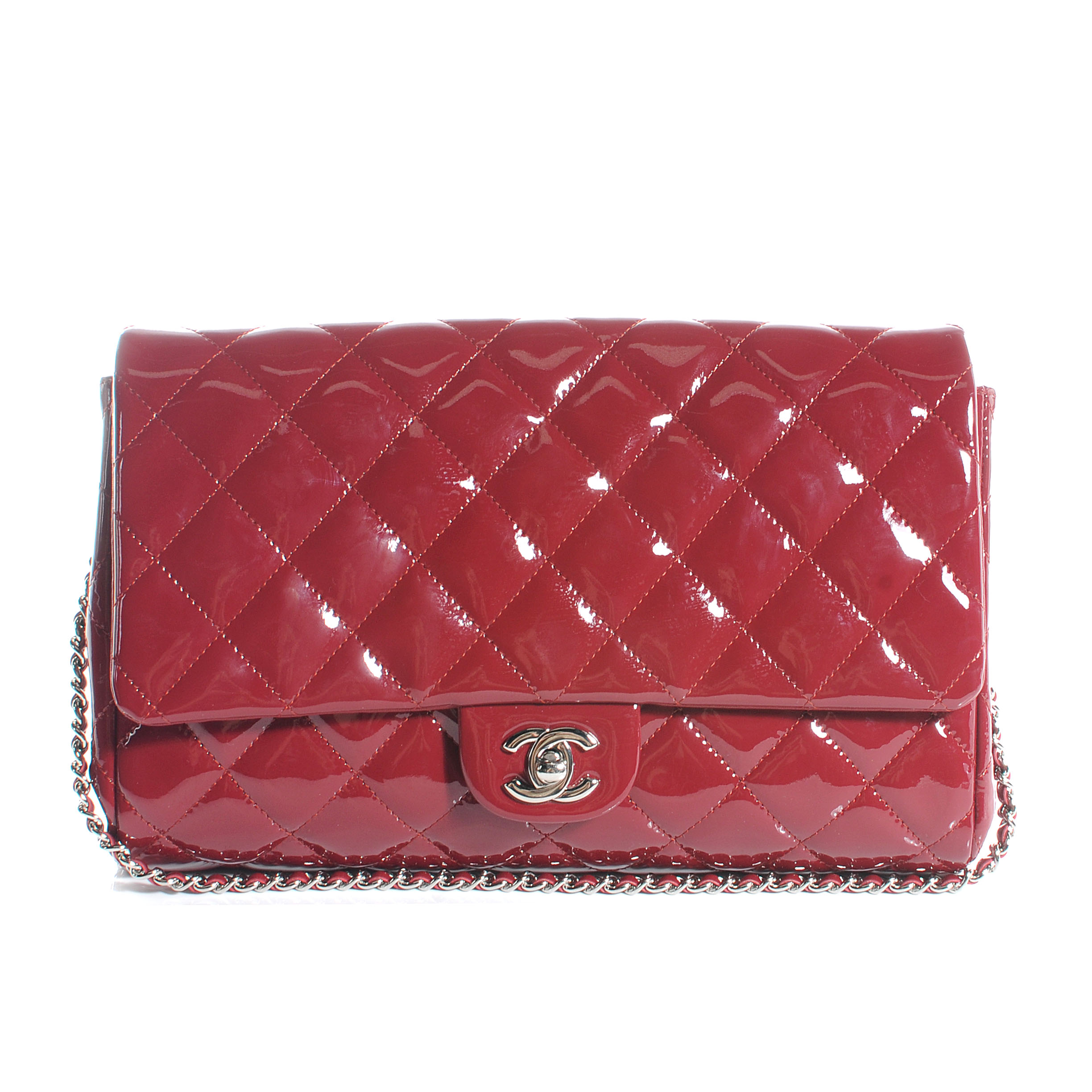 CHANEL Patent Quilted Clutch Flap Red 56370