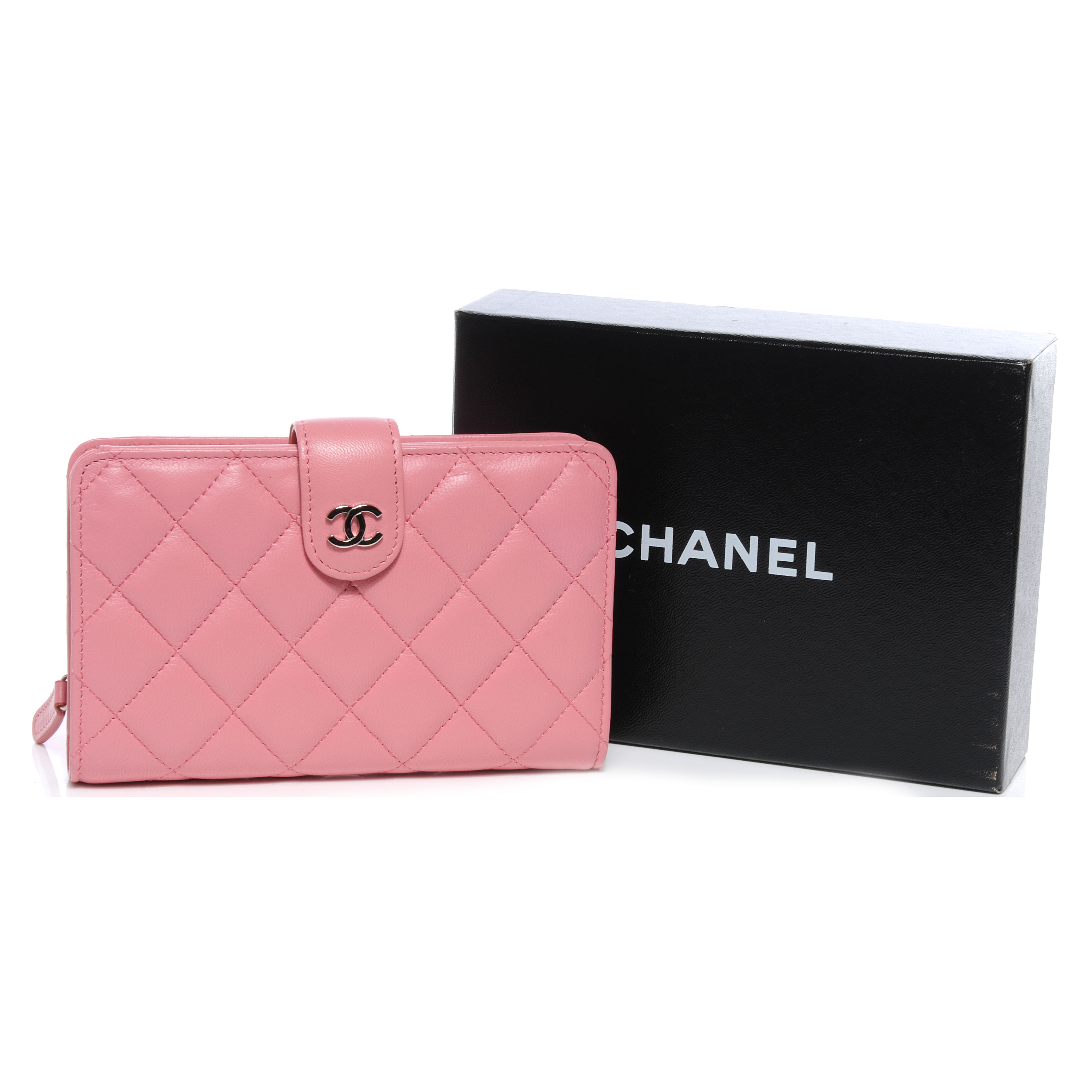 CHANEL Lambskin Quilted Compact Zip Wallet Pink 56366